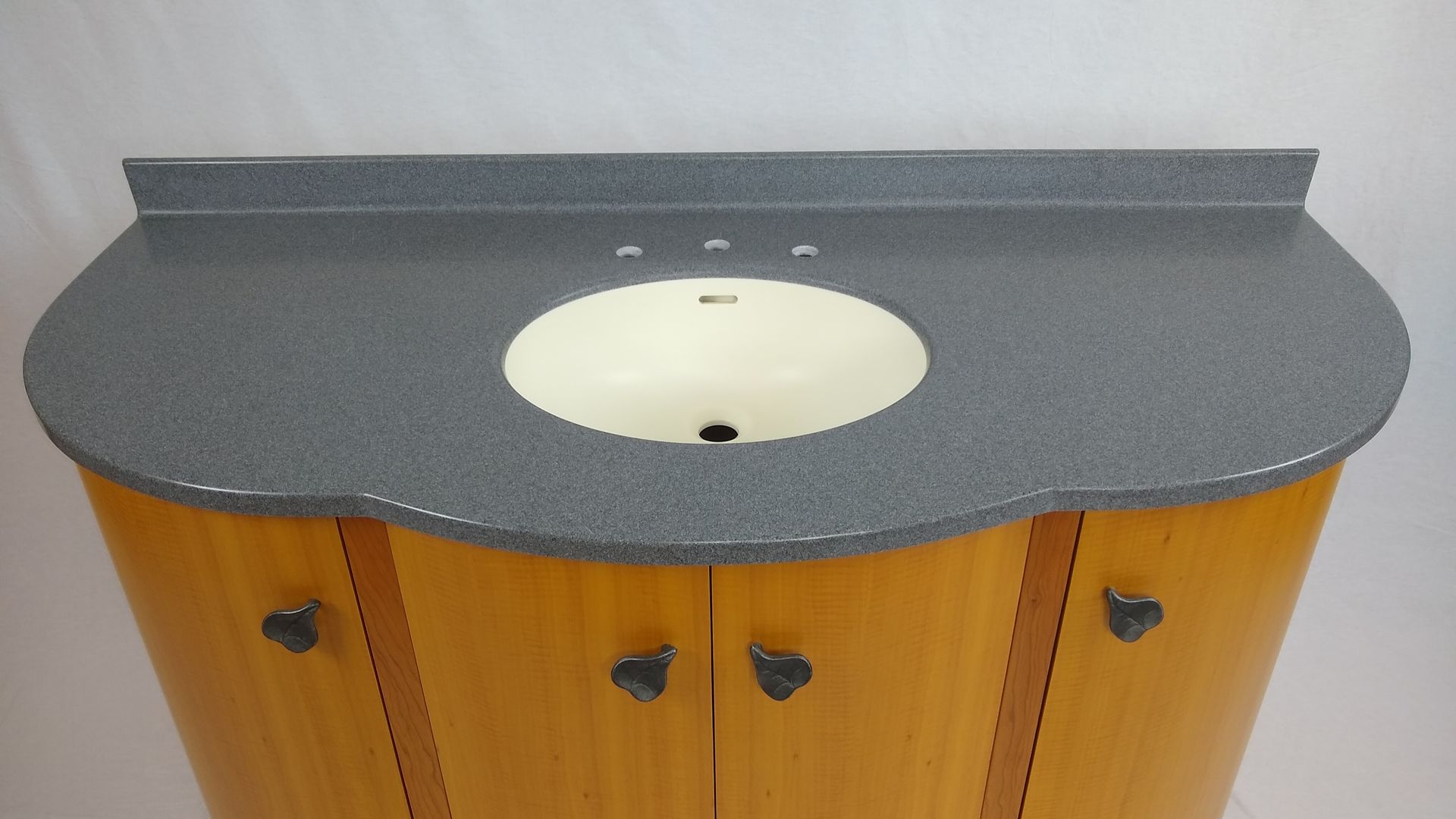 Custom African Anigre Curved Vanity With Solid Surface Sink And Counter Top 3