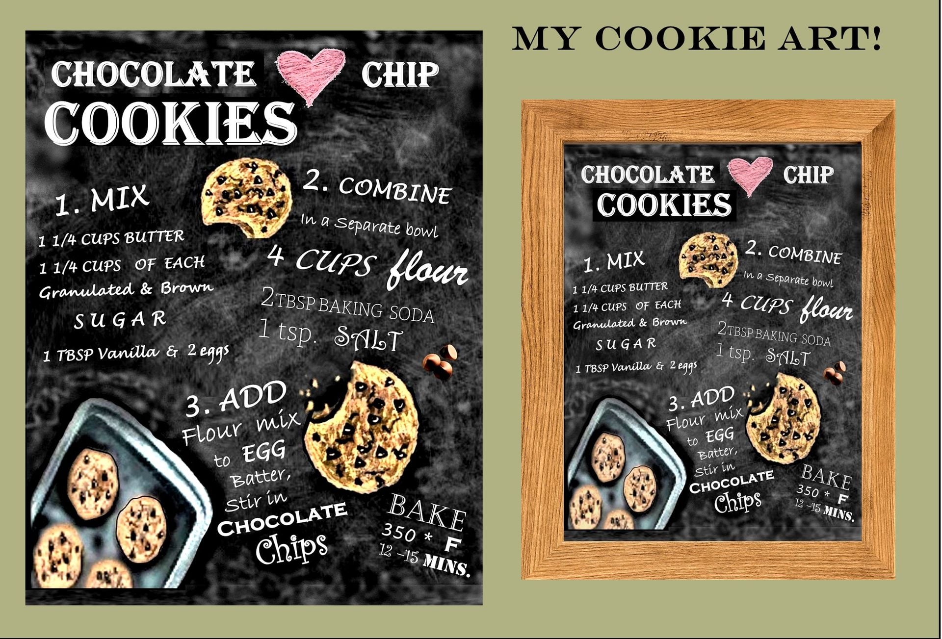 Black Board, Chocolate Chip Cookie Recipe Art, Kitchen Art, Recipe Art, Art Print