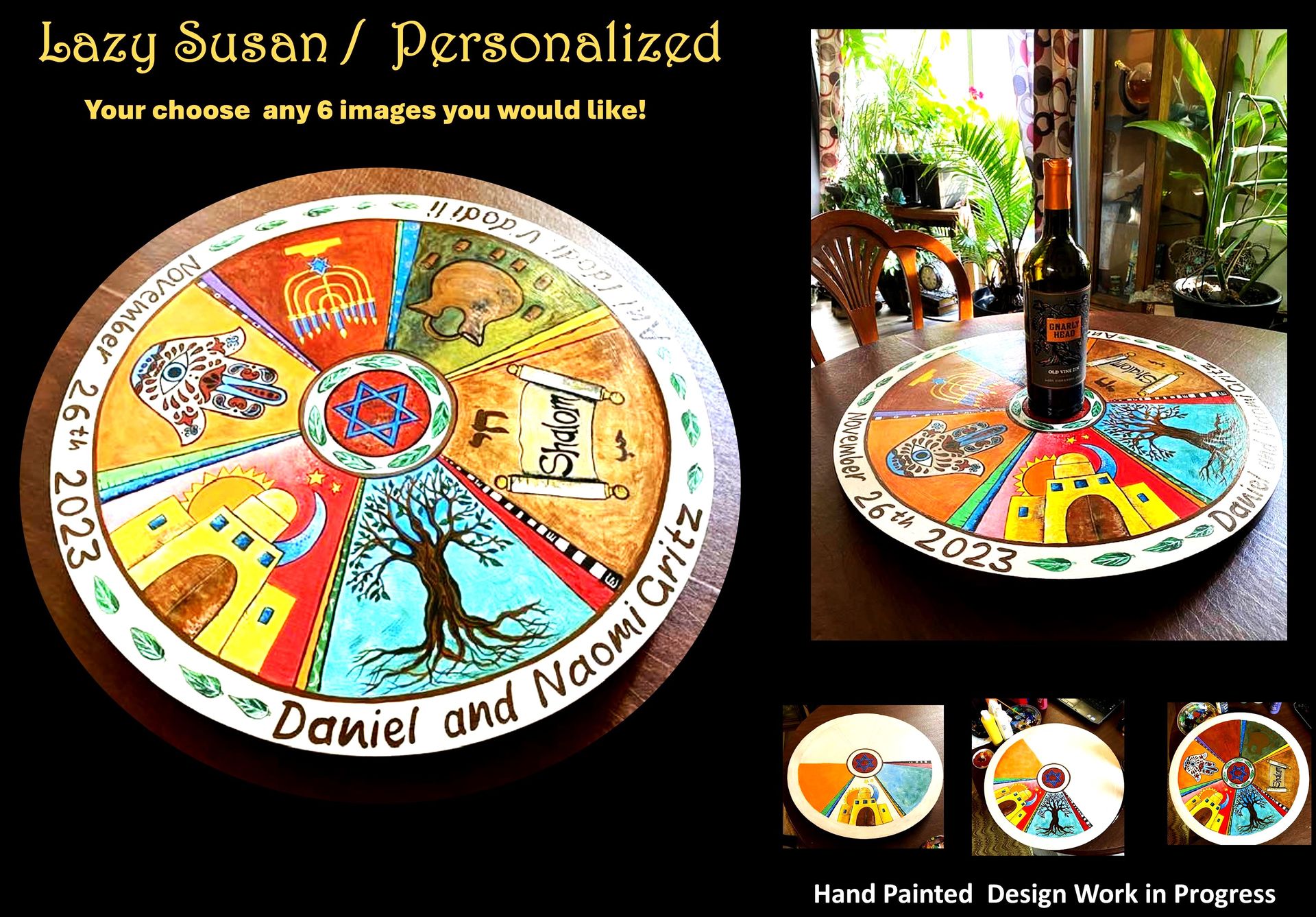 Lazy Susan, personalized, custom, Five year, wood anniversary, gift, wedding gift, couples gift, Painted With Images Of Your Choice 1