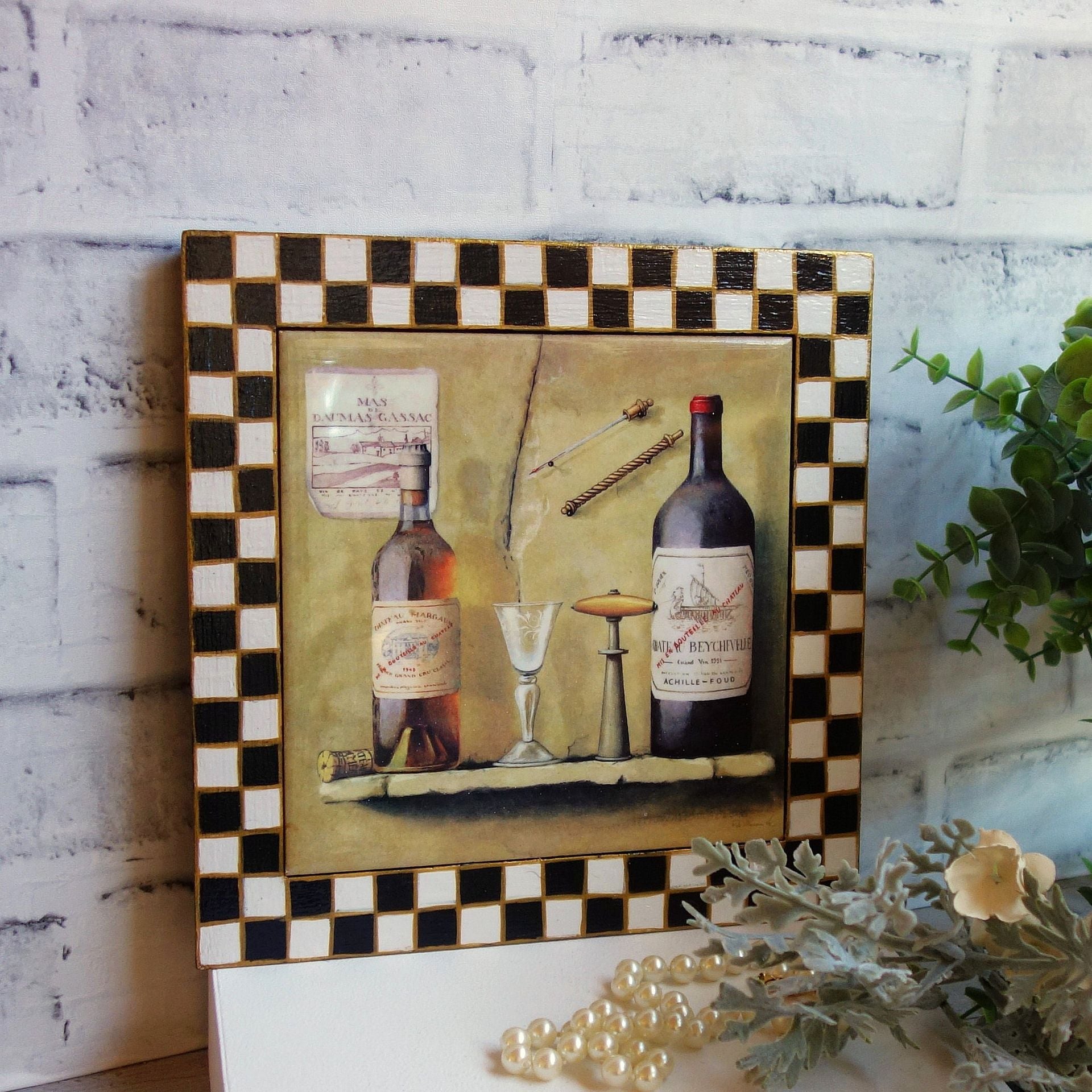 Hand Painted Checks Picture Frame Black And White Checked Wine Picture Decor 5 