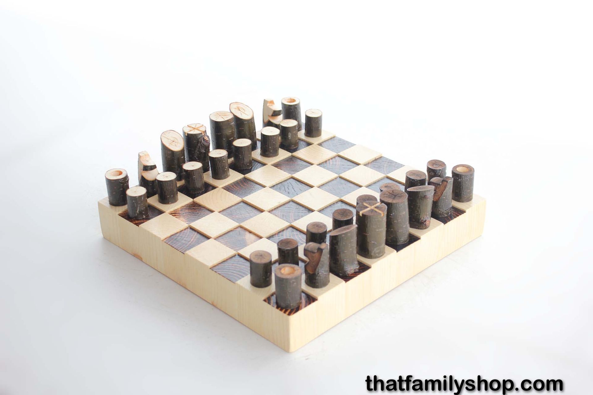 Chess Set With Torched Board And Tree Pieces