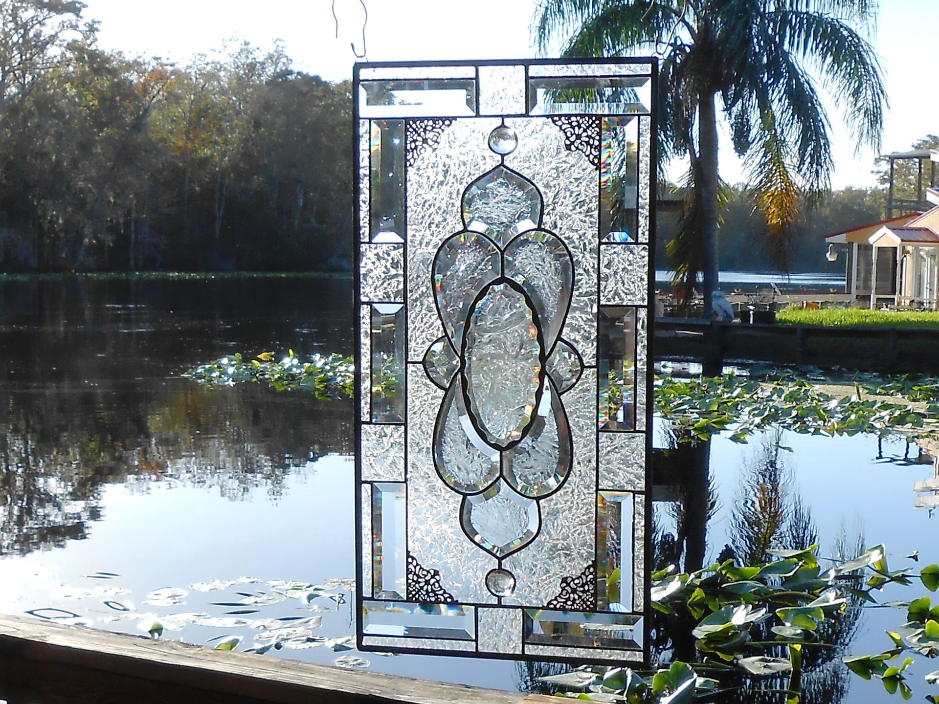 Vintage Look Traditional Stained Glass Transom Window, Tiara Sandwich Glass Plate Panel 6 