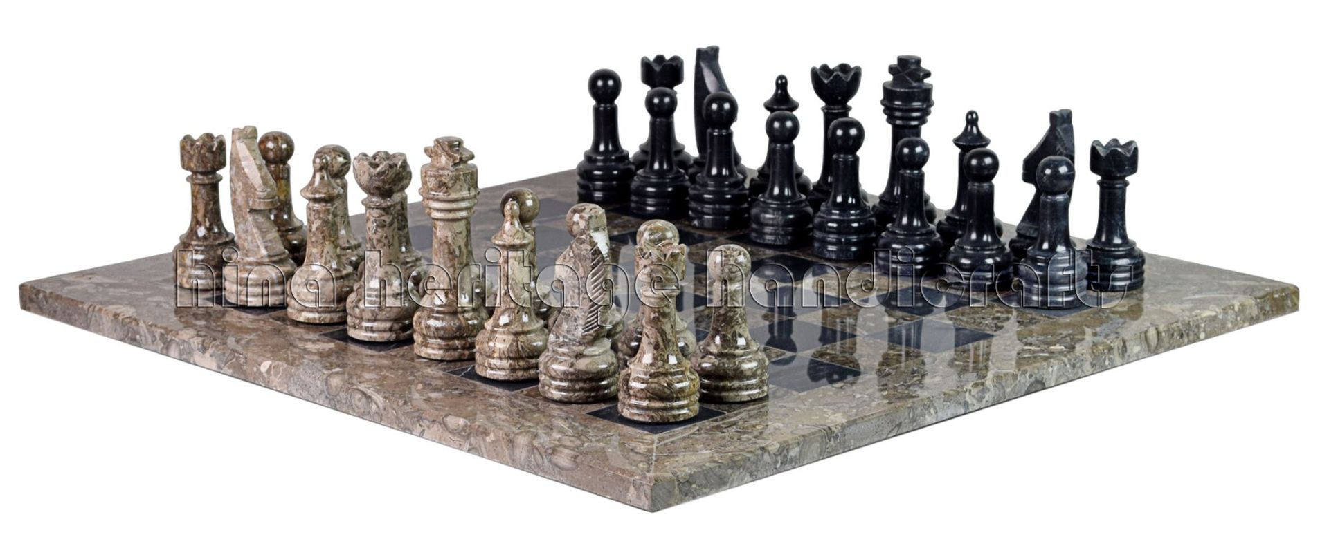 Oceanic & Jet Black Marble Natural Stone Chess Set With Rustic Series Chess Pieces