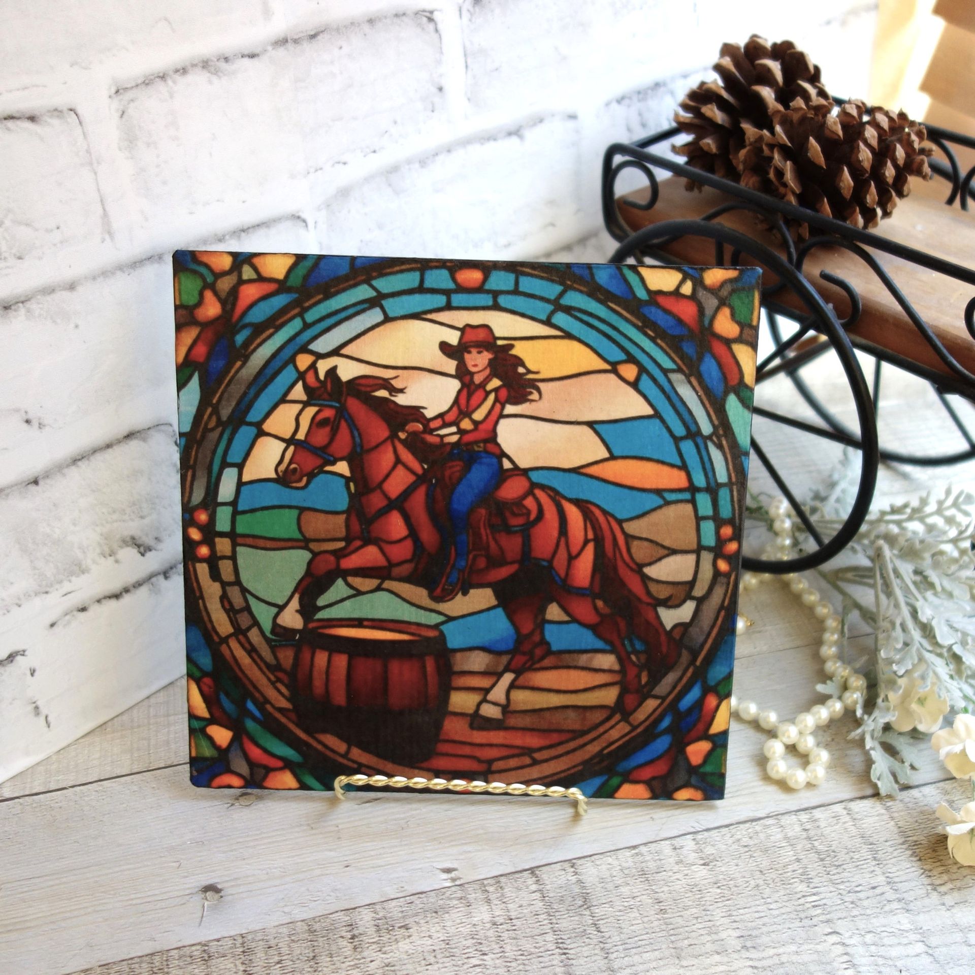 Barrel Racing Horse Cowgirl Picture Stained Glass Style Mural Rodeo Picture