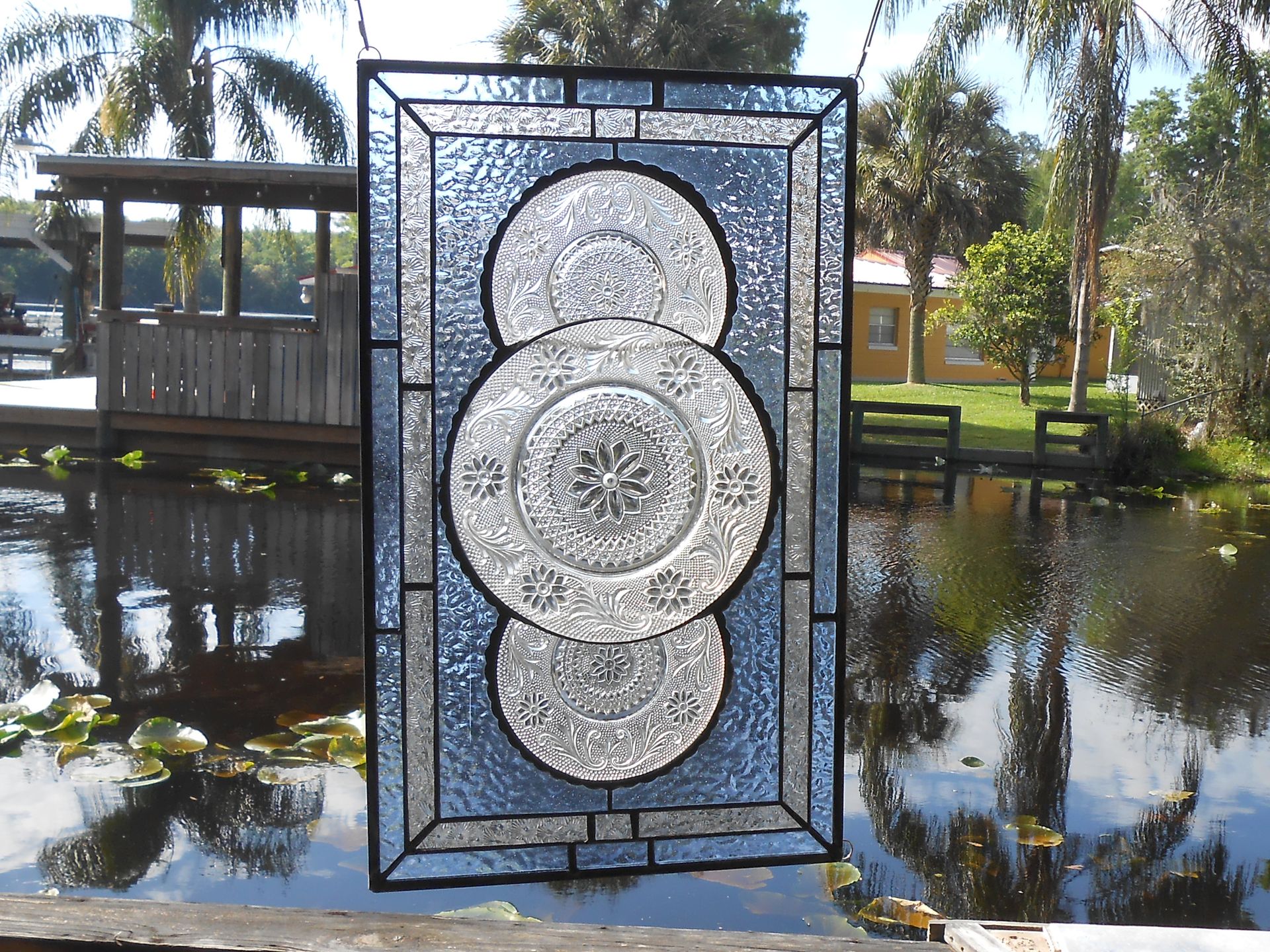 Vintage Look Traditional Stained Glass Transom Window, Tiara Sandwich Glass Plate Panel 2 