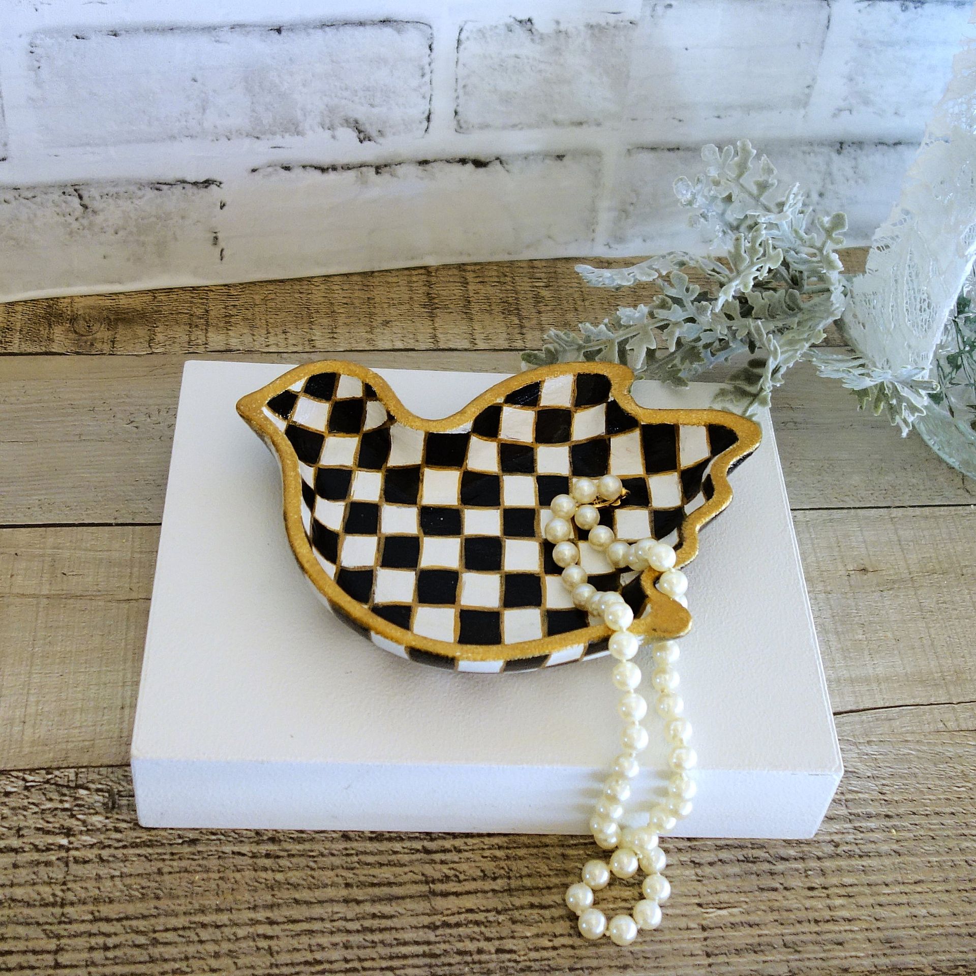 Black And White Check Decor Black Checked Songbird Jewelry Dish 2 