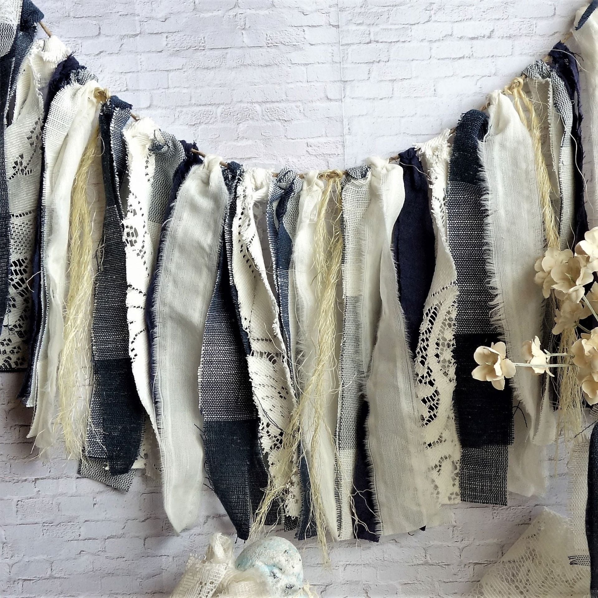 Farmhouse Rag Garland Navy Blue Plaid Window Valance Mirror Swag 6 