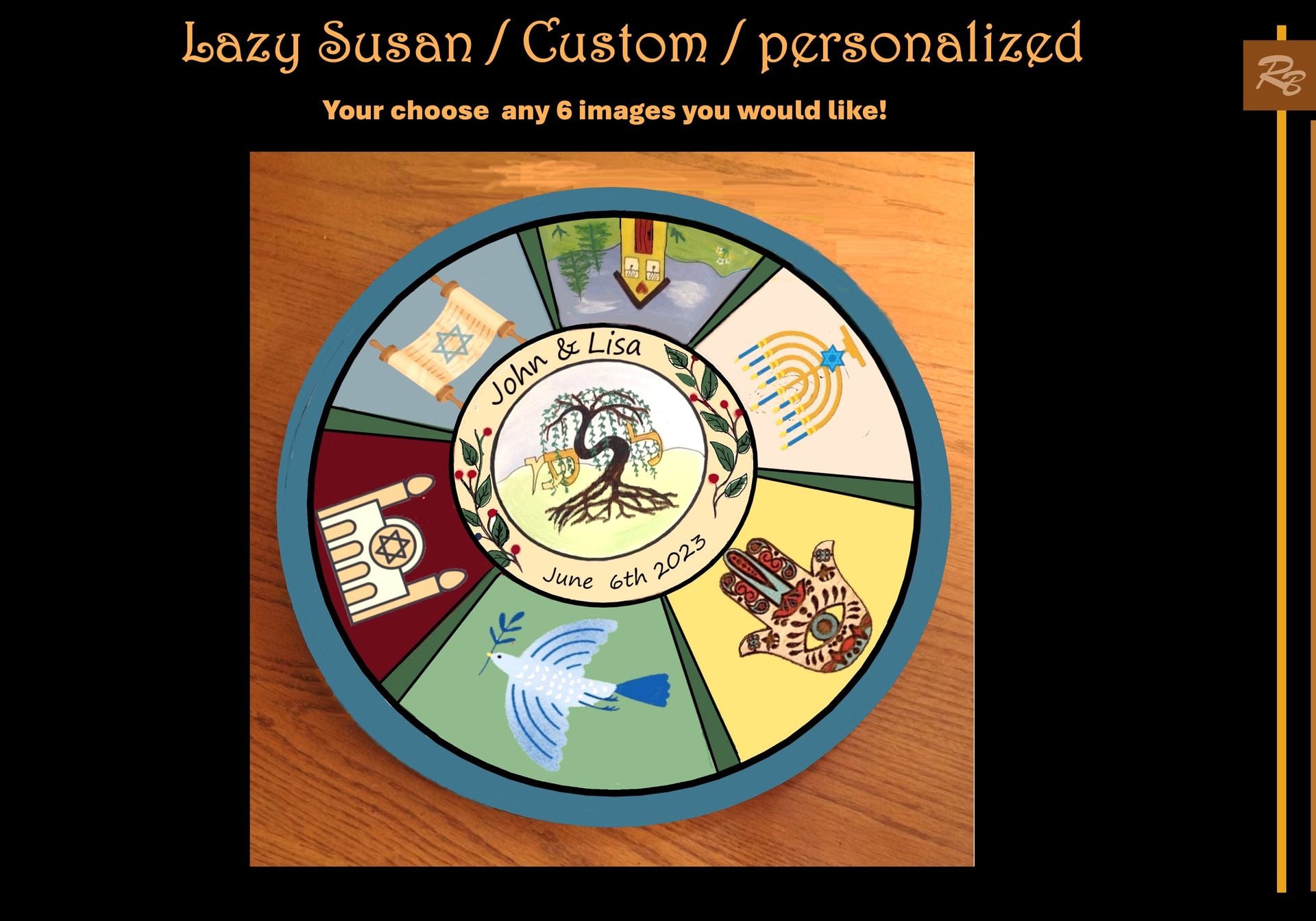 Lazy Susan, Personalized, Hand Painted, Judaism, Hebrew, Italian, Text 609 864-8210 For Information 3 