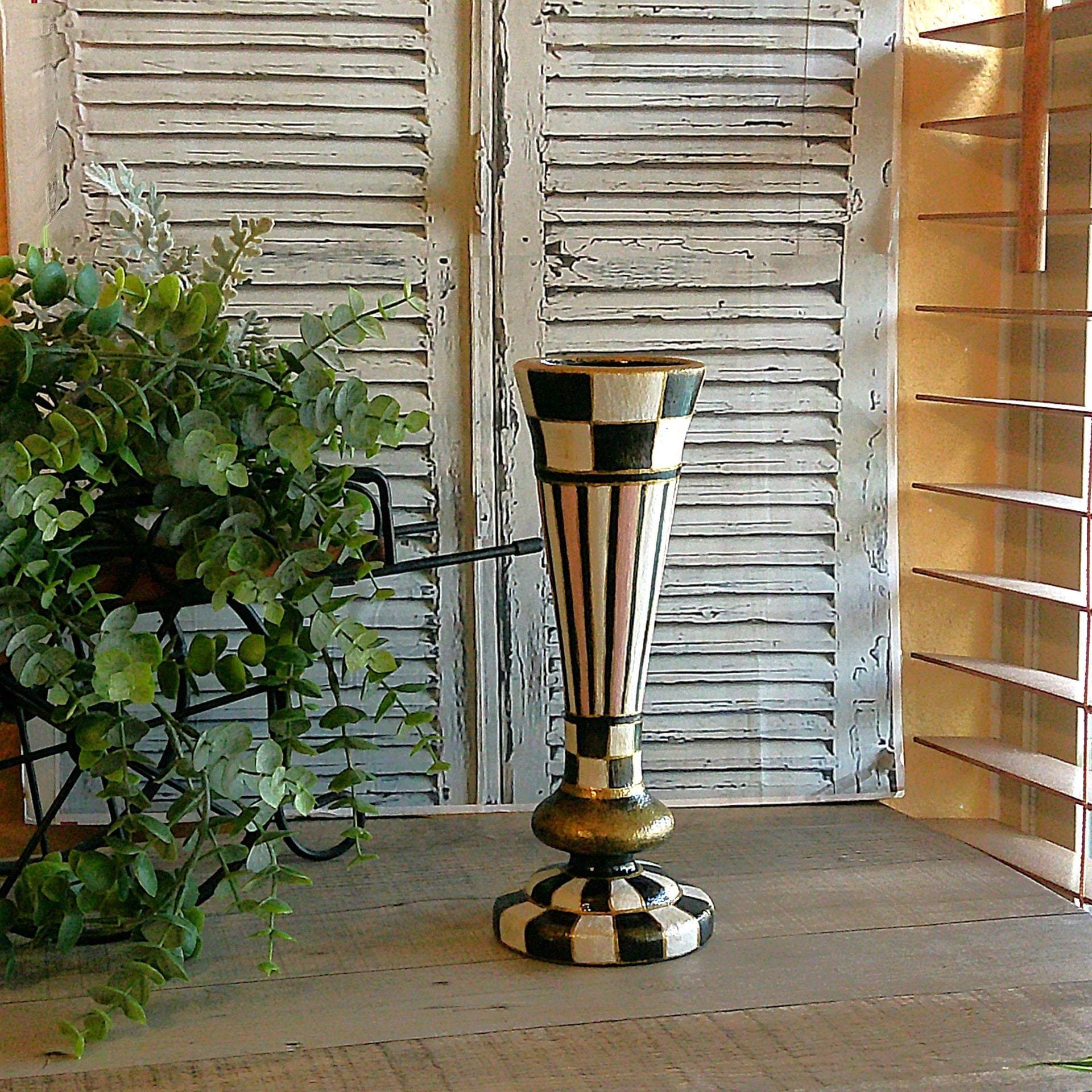 Elegant Checks Vase Hand Painted Black And White Checked Decor Whimsical Vase 2 