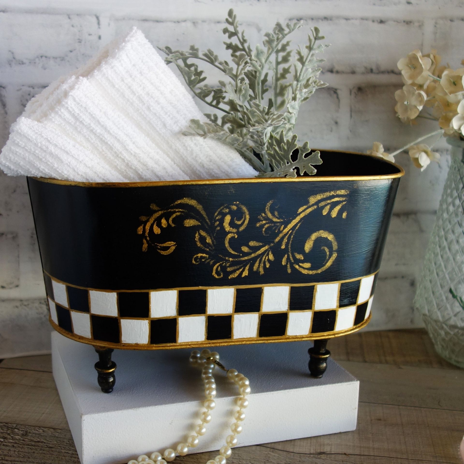 Vintage Check Towel Caddy Holder Black And White Check Towel Basket 6 