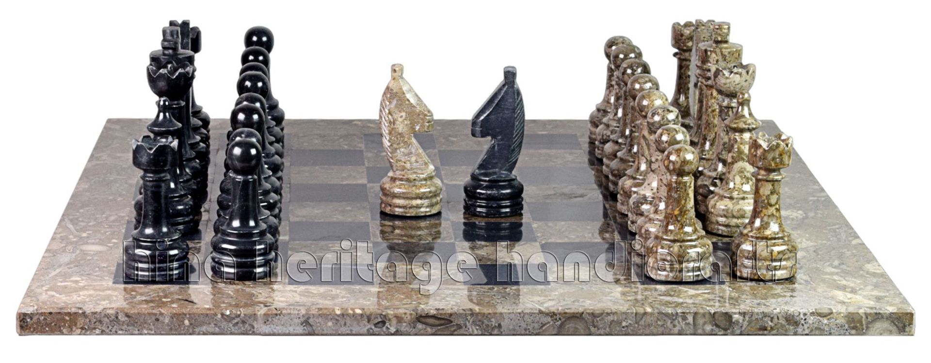 Oceanic & Jet Black Marble Natural Stone Chess Set With Rustic Series Chess Pieces 2
