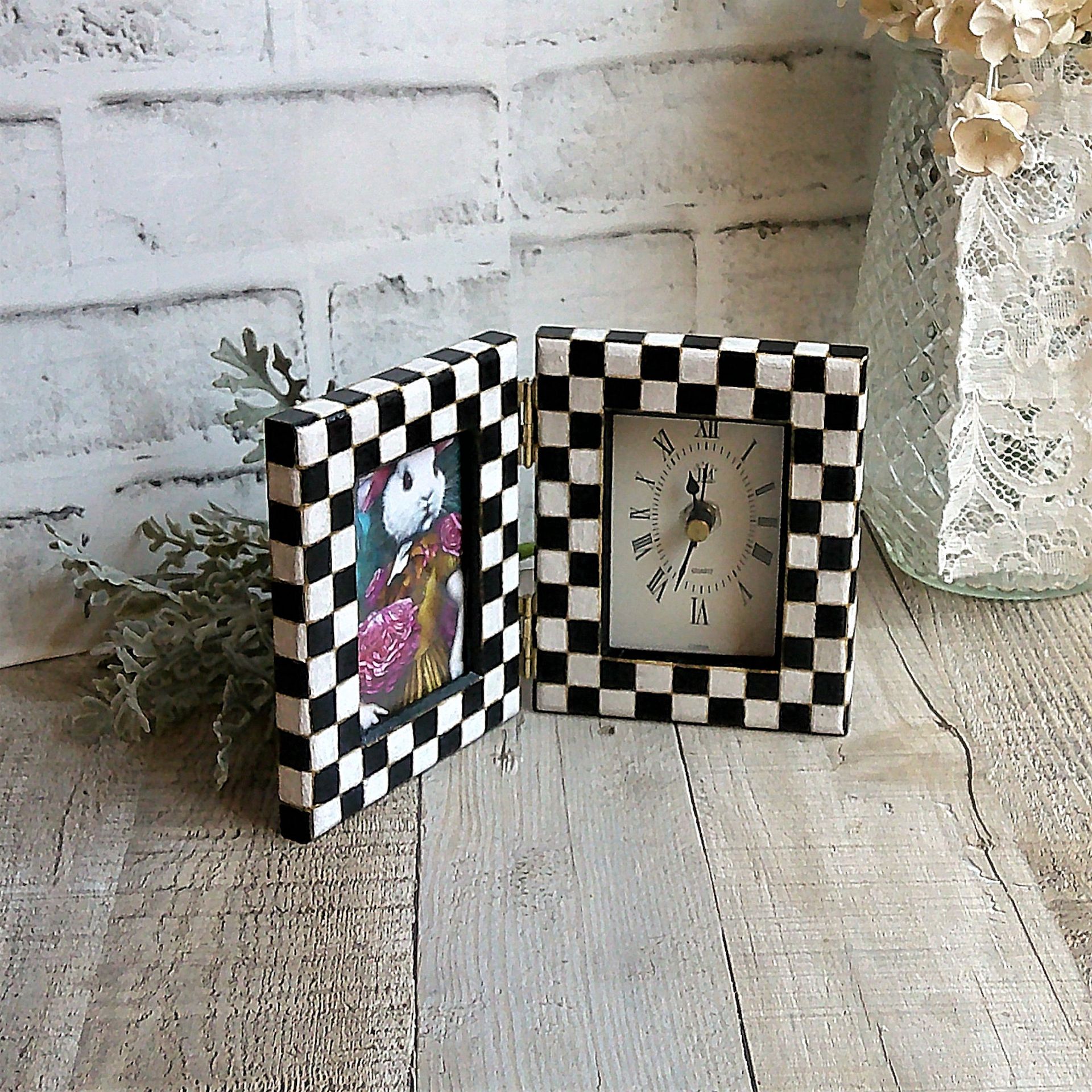 Hand Painted Checks Picture Frame Clock Whimsical Check Decor Buffalo Check 2 