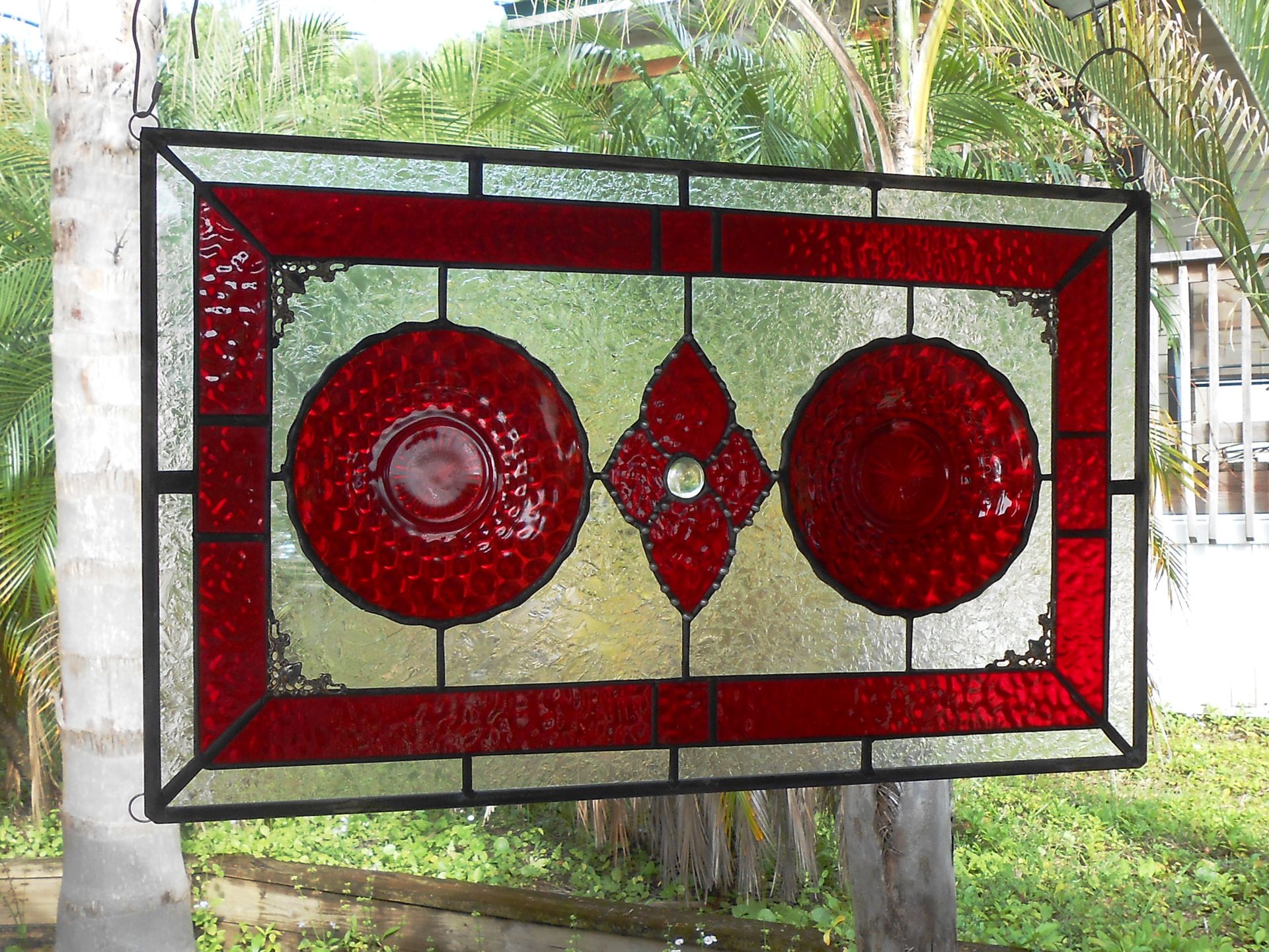 Stained Glass Window Panel, Depression Glass Plate Valance, Ruby Red Bubble 3 