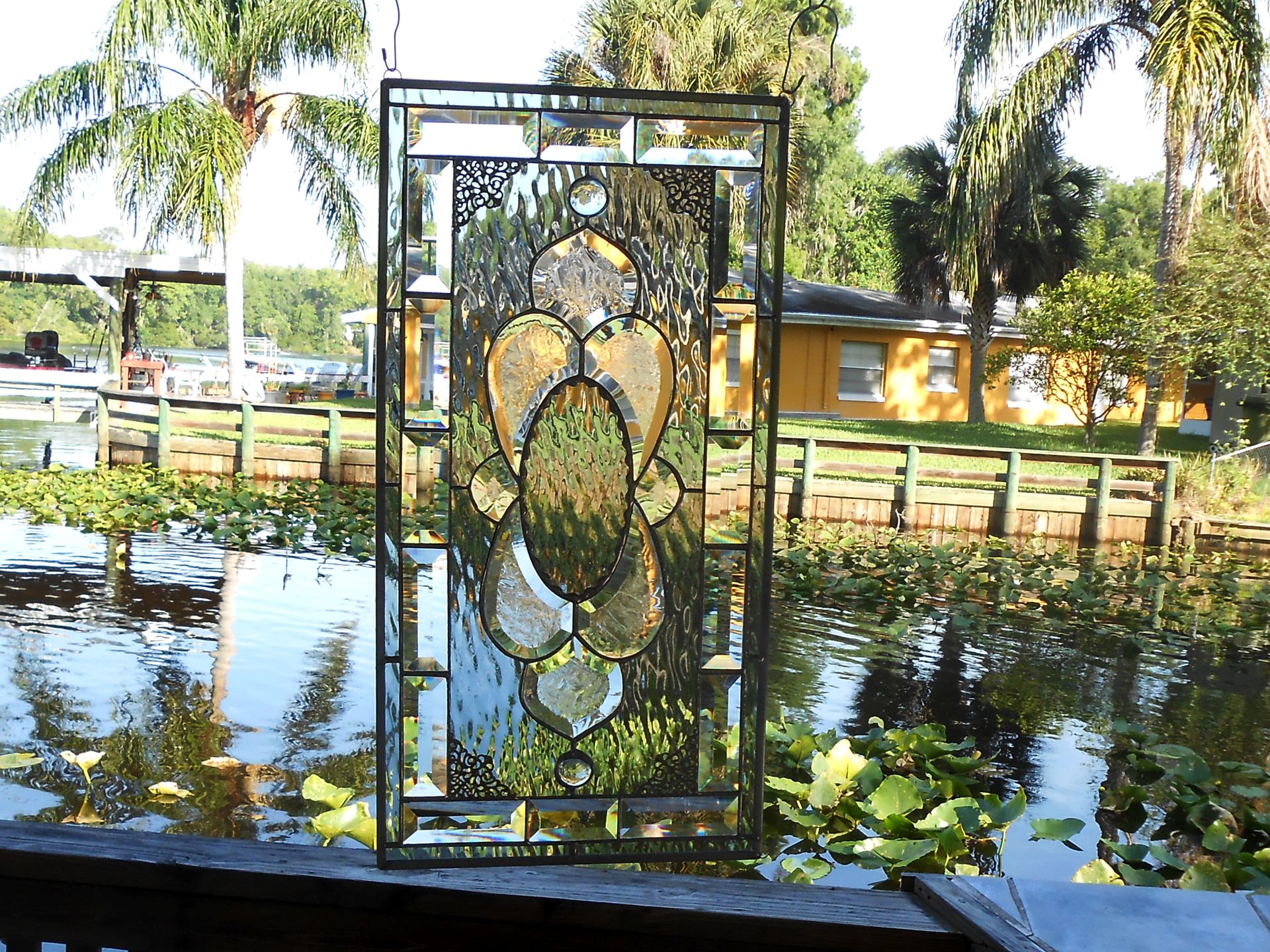 Vintage Look Traditional Stained Glass Transom Window, Tiara Sandwich Glass Plate Panel 13 