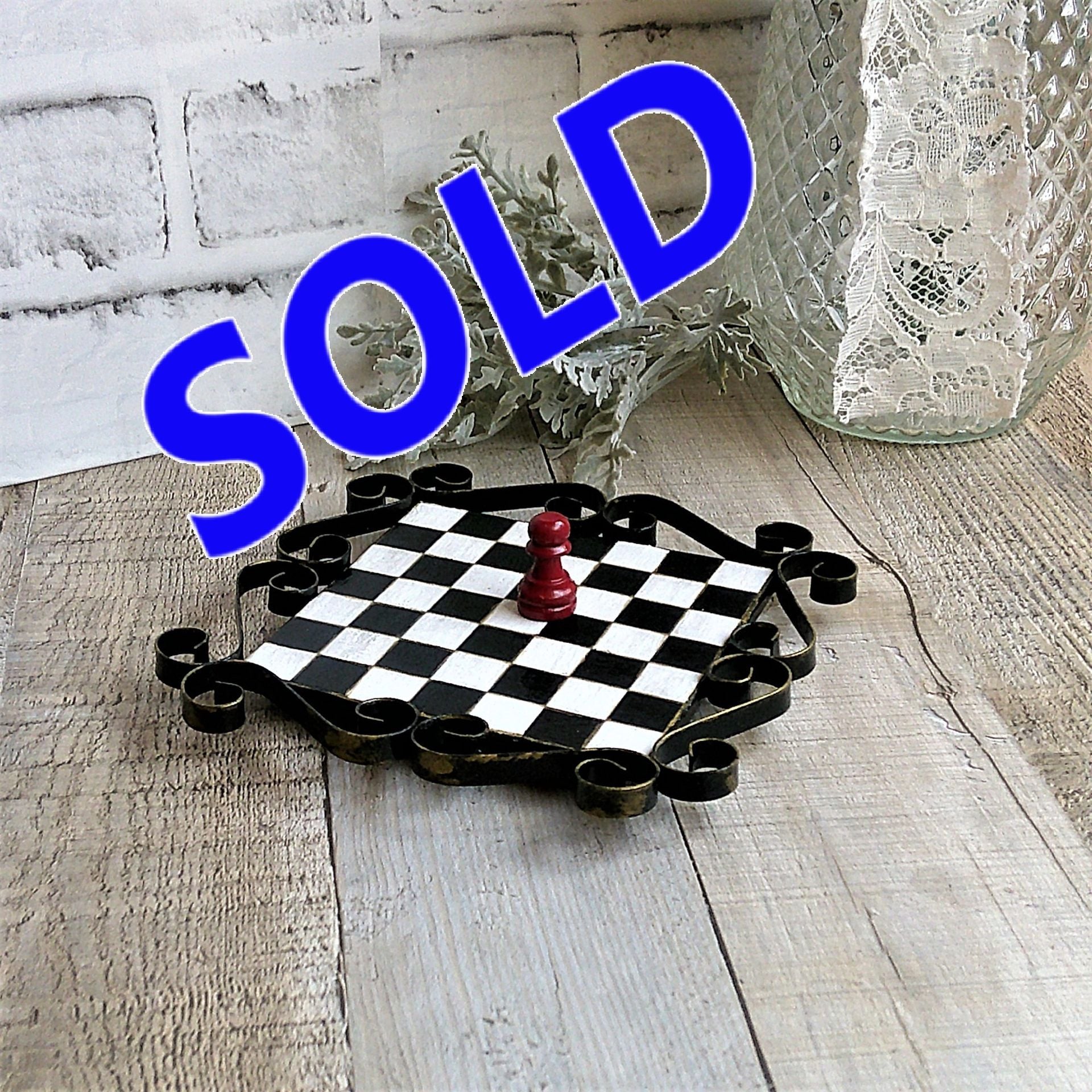 Hand Painted Checks Riser Small Checkerboard Metal Riser Chessboard Decor 1 