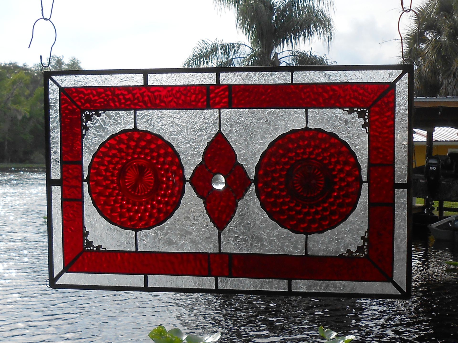 Stained Glass Window Panel, Depression Glass Plate Valance, Ruby Red Bubble