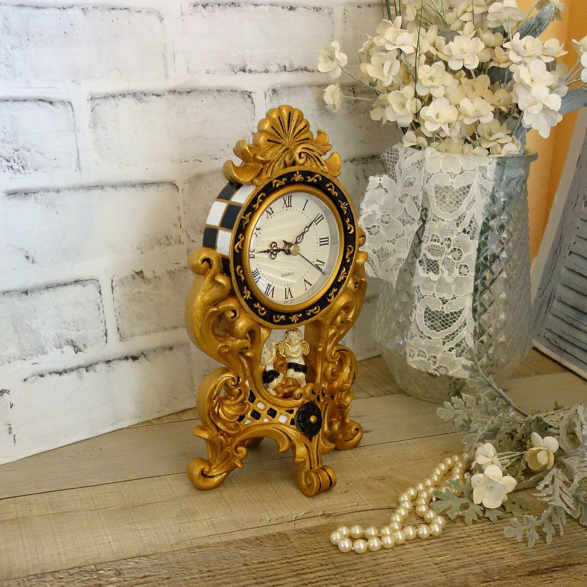 Courtly Mantle Clock Black And White Checked Baroque Clock With Cherubs 6 
