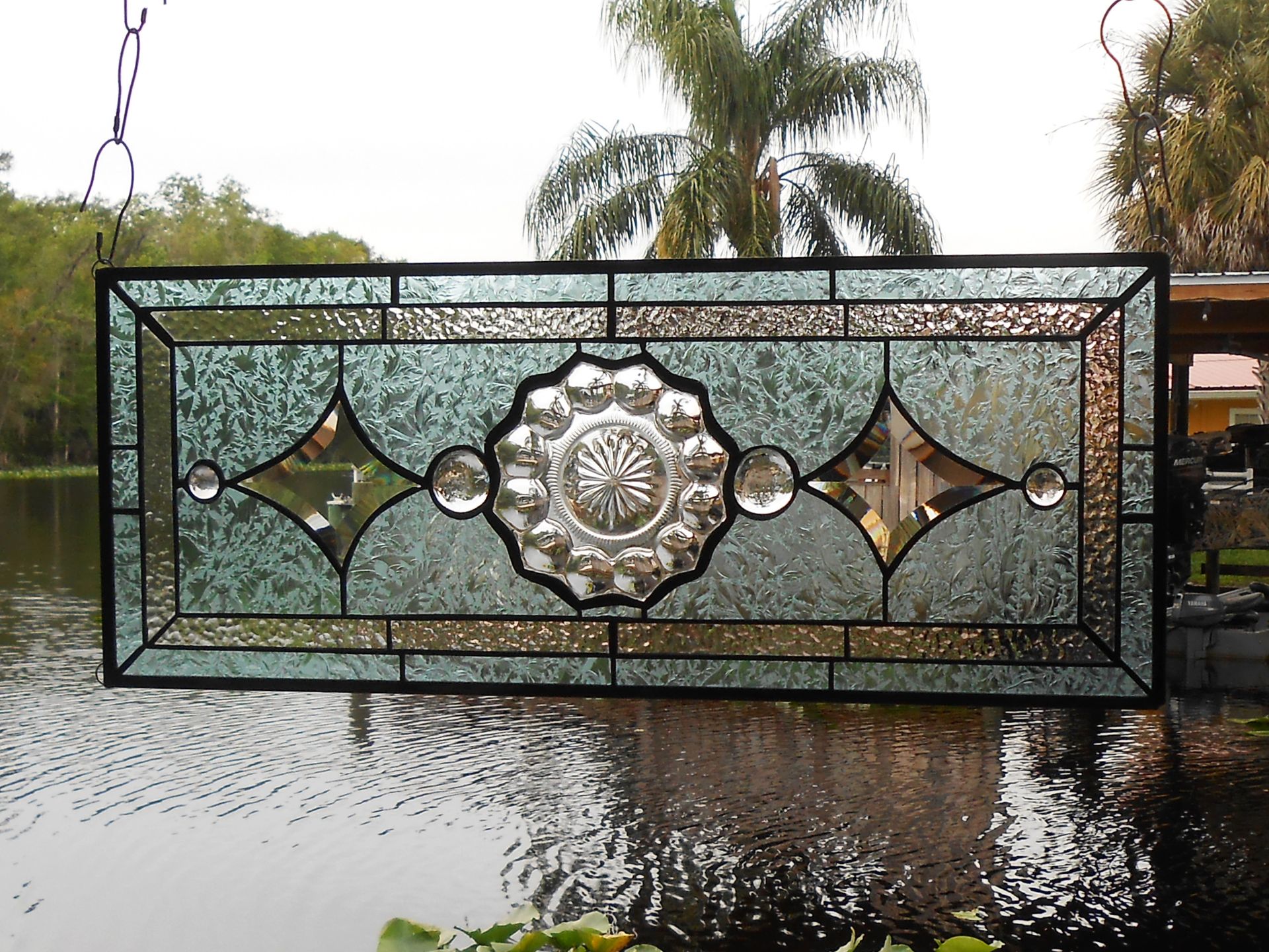 1930s Heisey Depression Glass Stained Glass Panel, Vintage Window Transom W Peerless Plate 6 