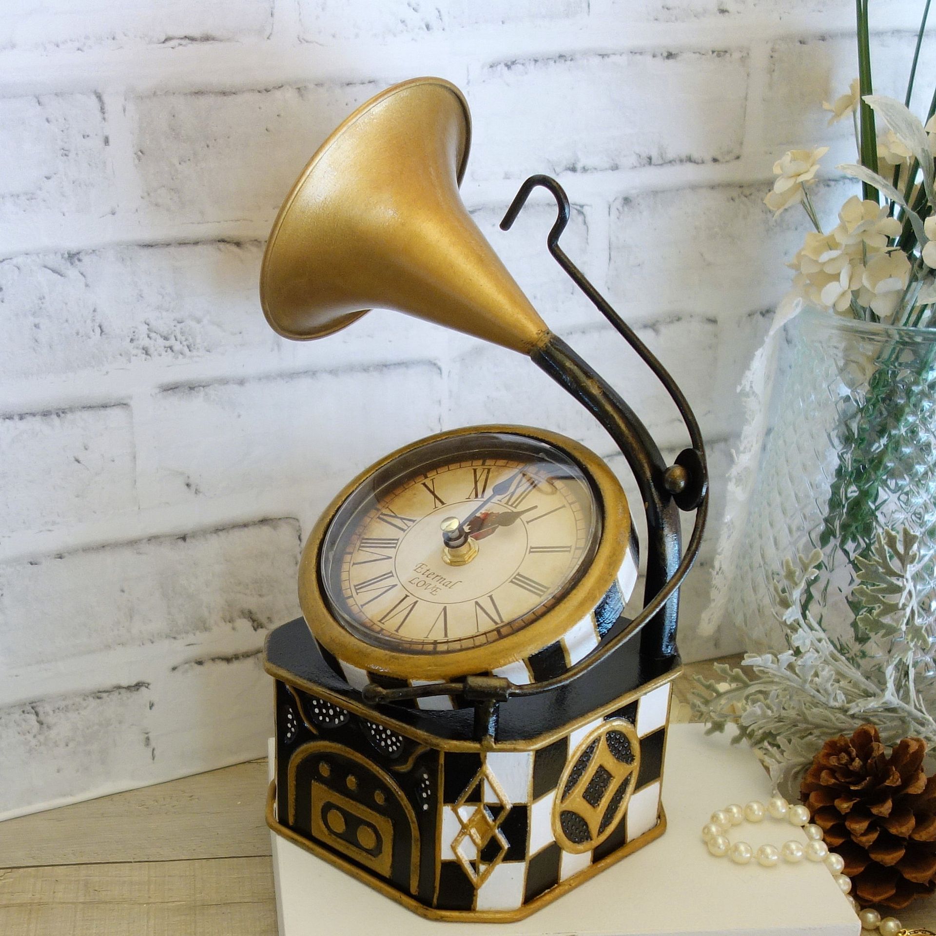 Courtly Phonograph Checked Clock Nwt Hand Painted Black And White Checks Clock 6 