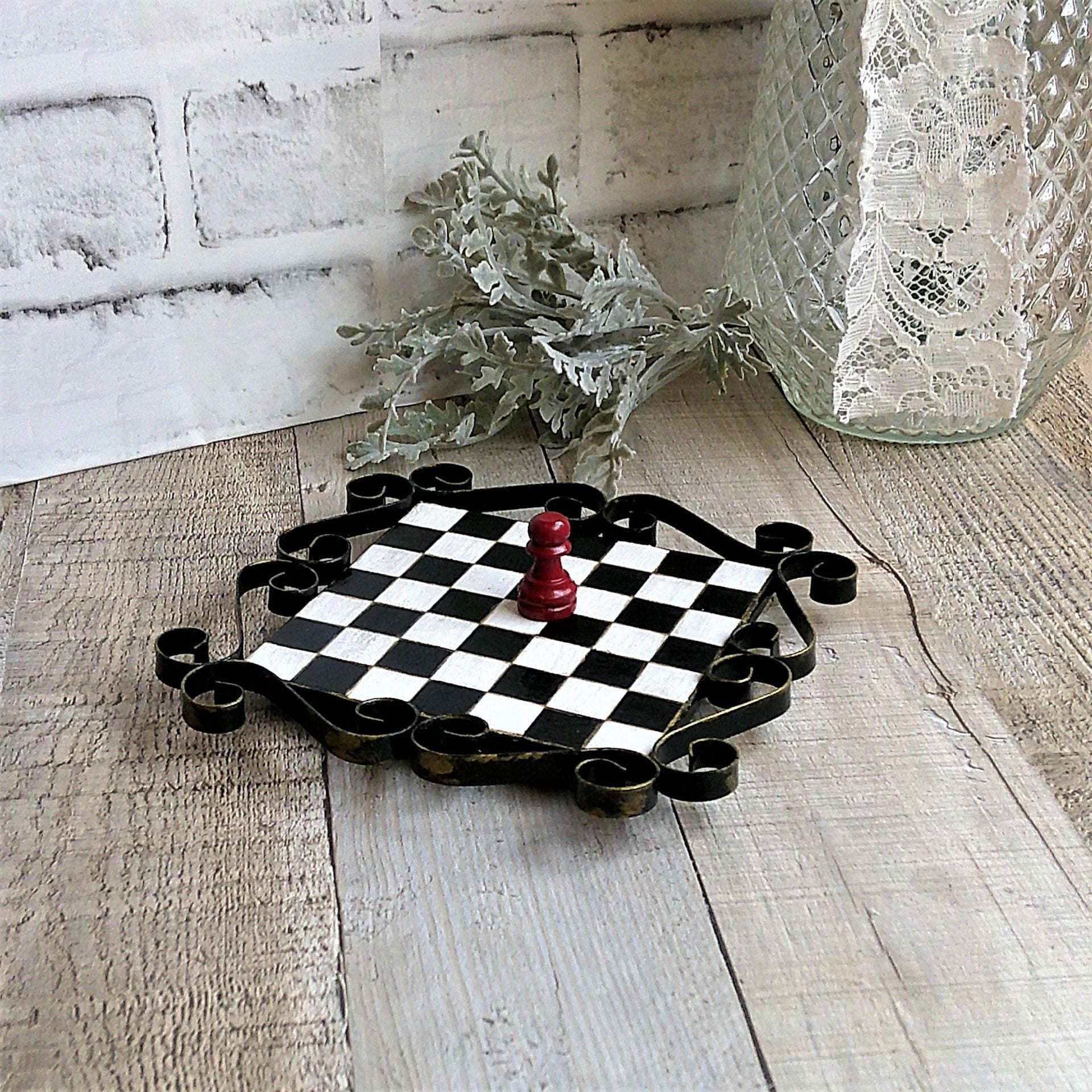 Hand Painted Checks Riser Small Checkerboard Metal Riser Chessboard Decor 5 