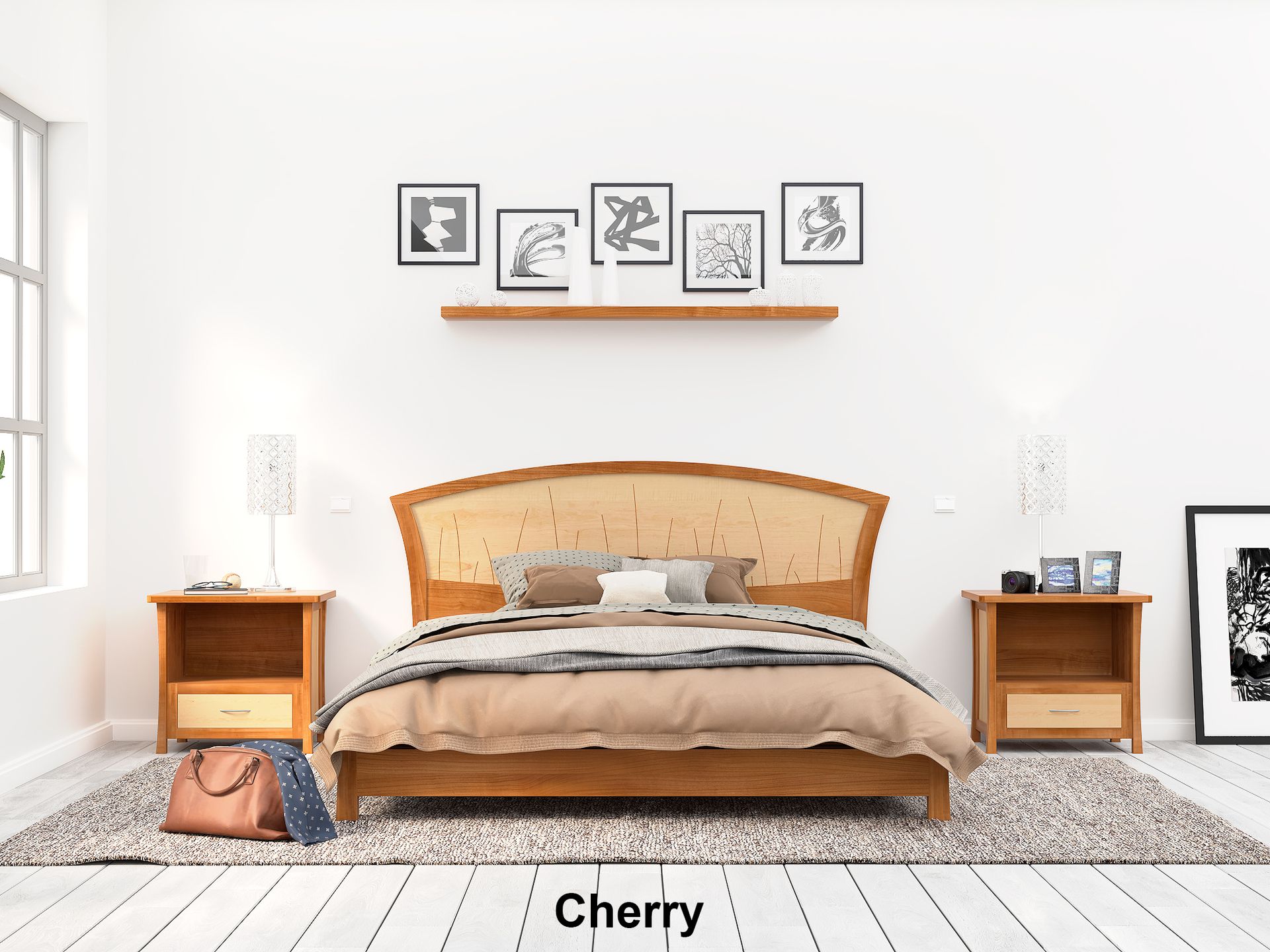 Modern Platform Bed Queen Size, Low Bed Frame Wood, Art Deco, Cherry Headboard, King, "River Rushes" 4