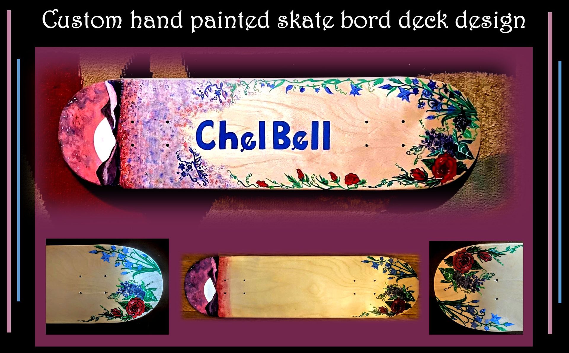 Custom, Hand Painted,Skateboard, Deck, Designs, One Of A Kind, Skate Board