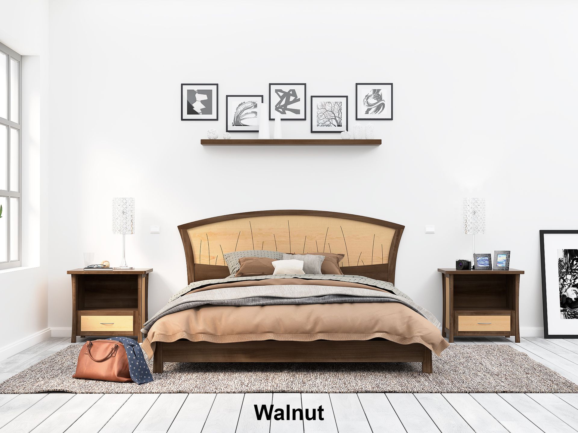 Modern Platform Bed Queen Size, Low Bed Frame Wood, Art Deco, Cherry Headboard, King, "River Rushes" 5