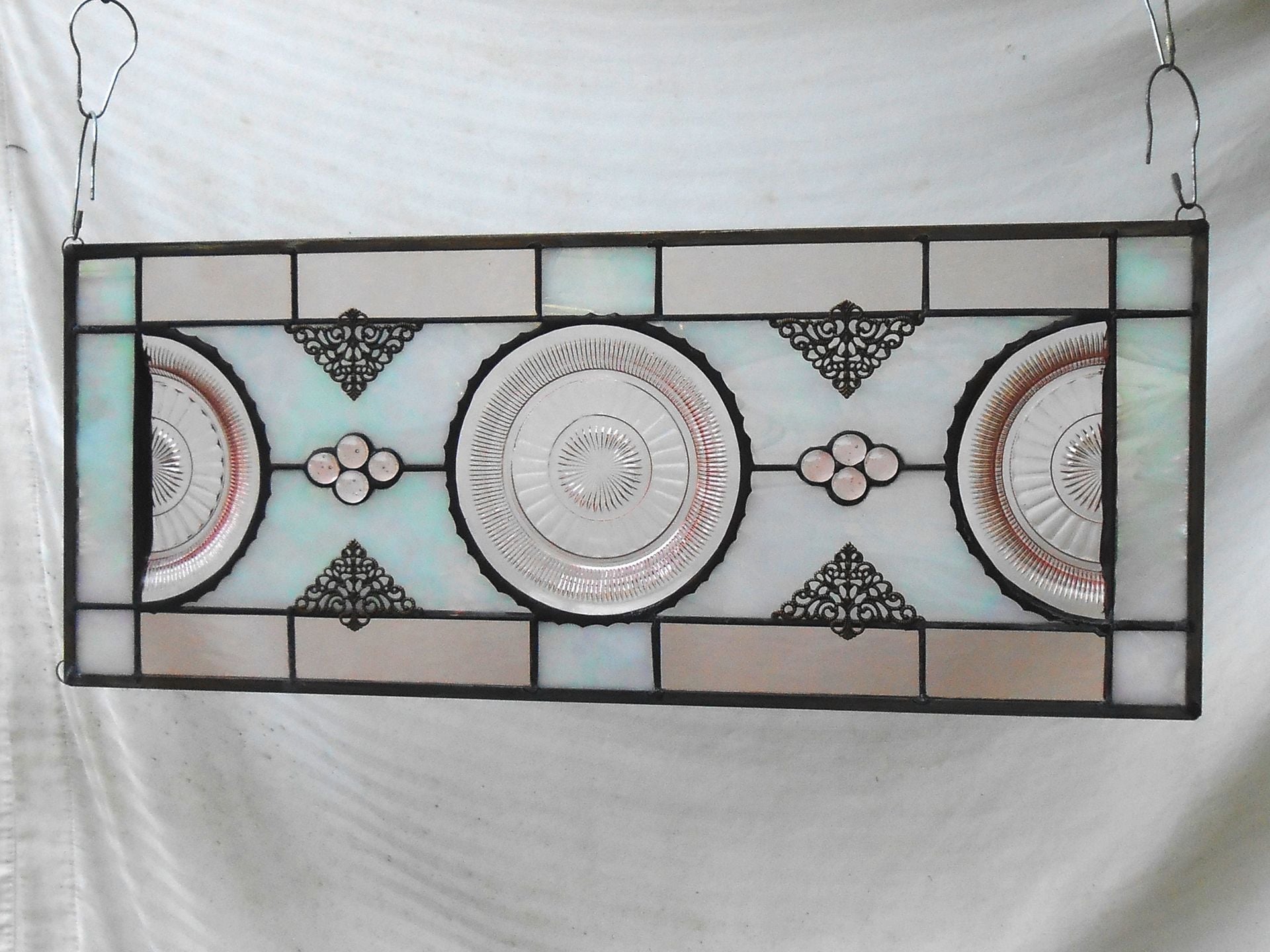 Pink Depression Glass Coronation Plates, Antique Stained Glass Transom Window 9 