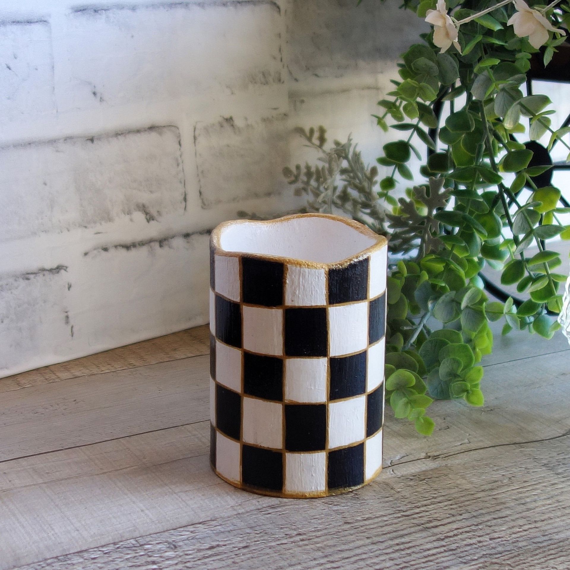 Black And White Checked Candle Vintage Checks Battery Candle Led Buffalo Checks