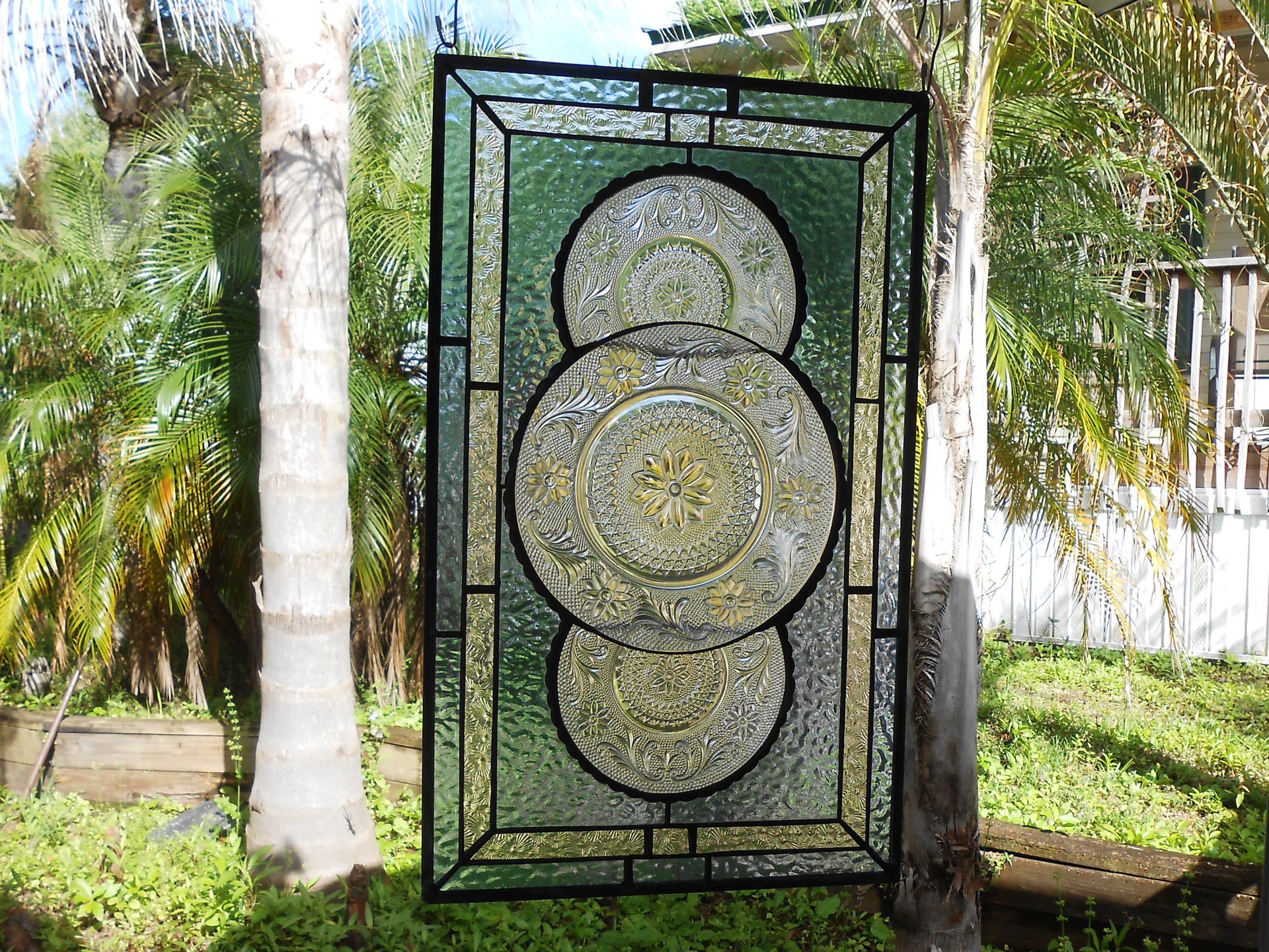 Vintage Look Traditional Stained Glass Transom Window, Tiara Sandwich Glass Plate Panel 7 
