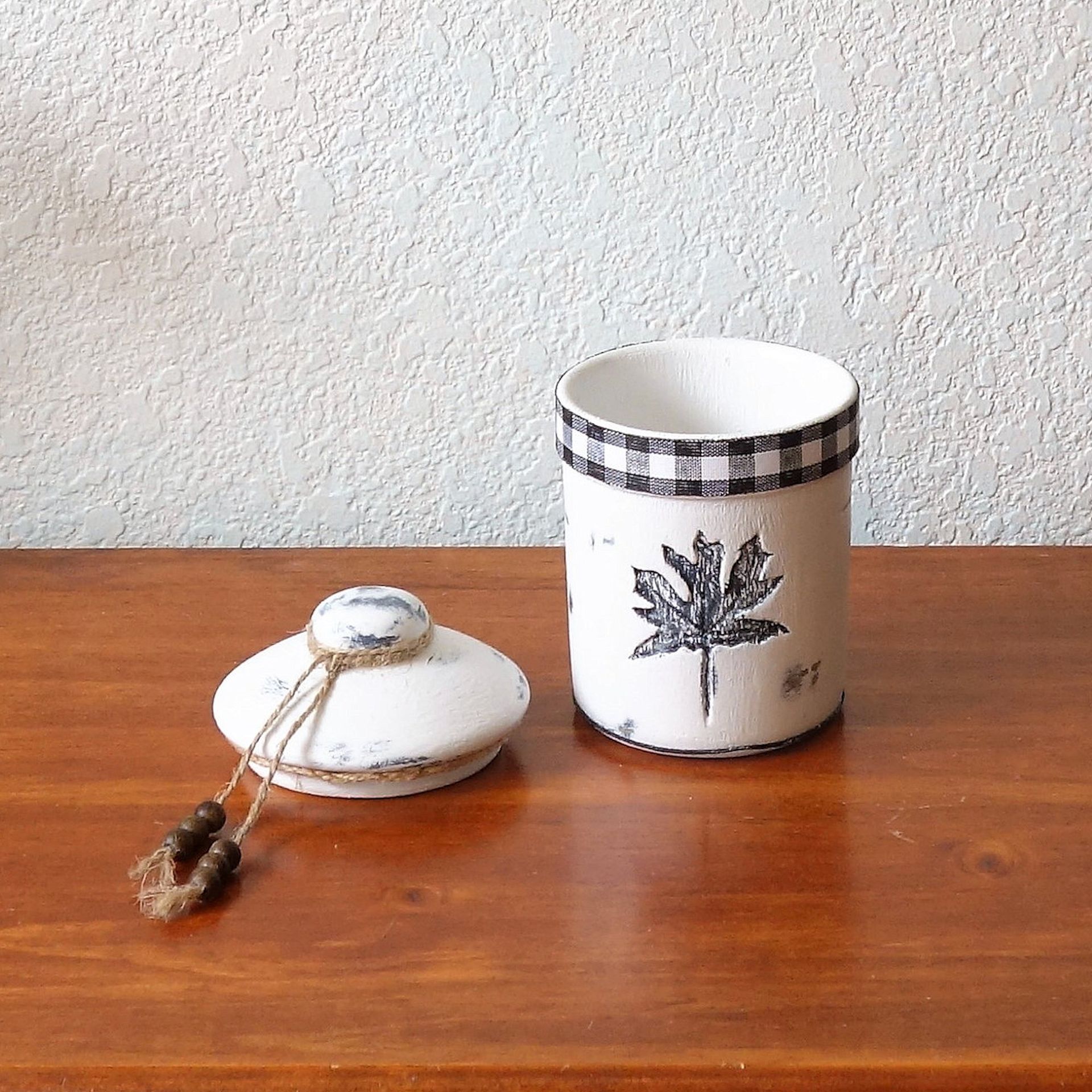 Ceramic Pottery Crock Canister Small Maple Leaf Buffalo Plaid 2 