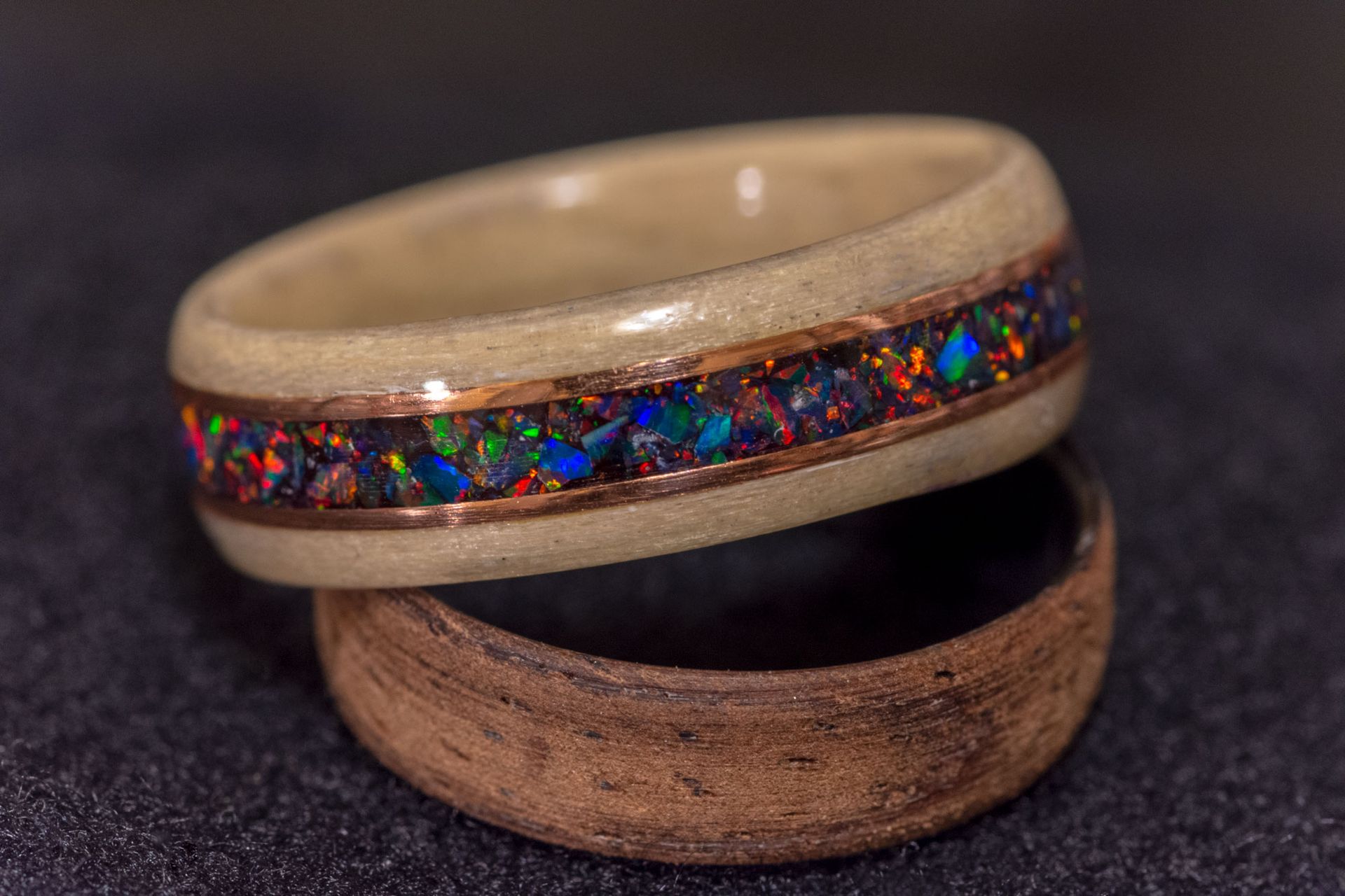 Black Fire Opal & Space Titanium Opal Mix With Two Copper Inalys In Steam Bentwood Maple Ring 2 