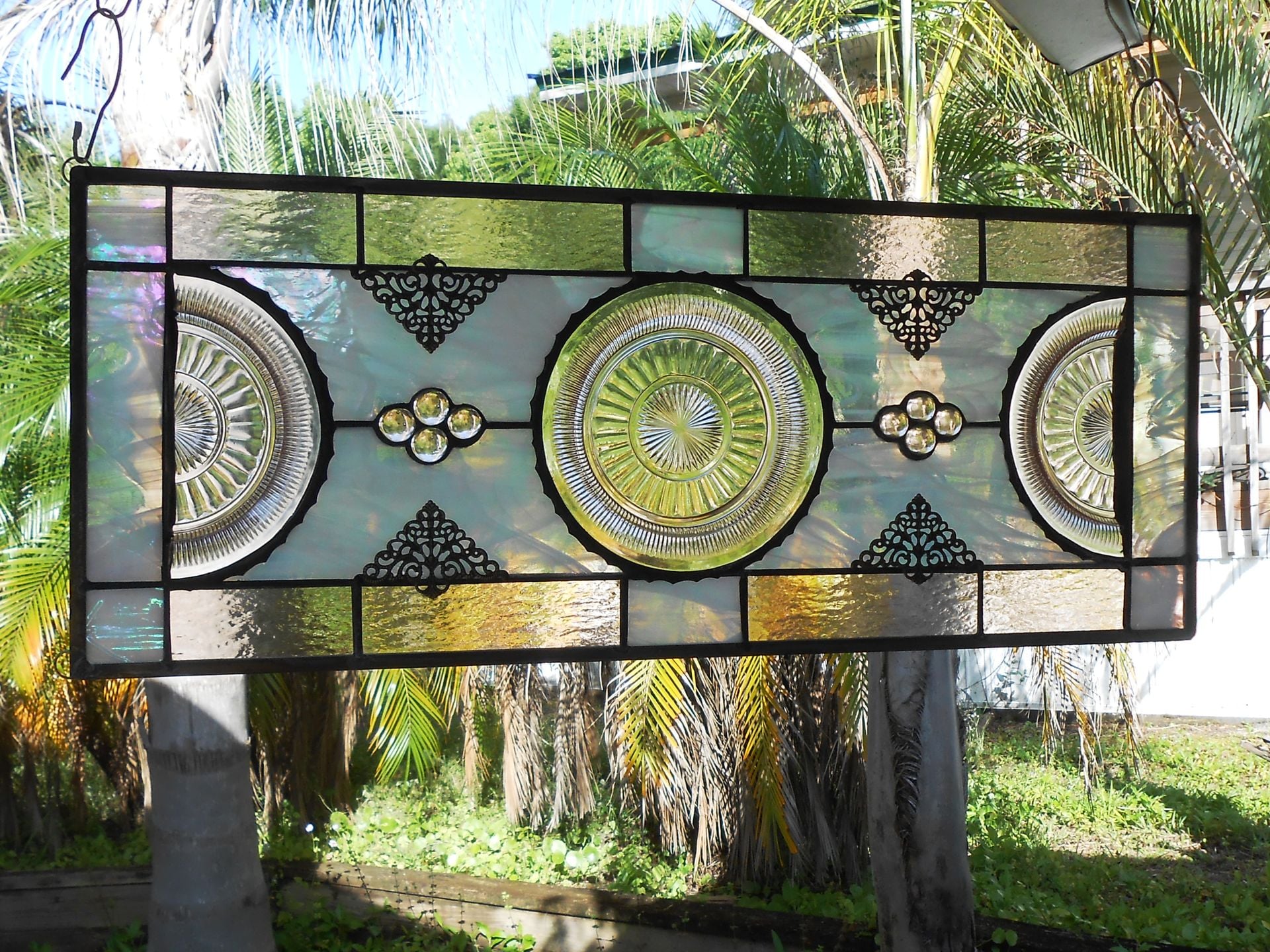 Pink Depression Glass Coronation Plates, Antique Stained Glass Transom Window 6 