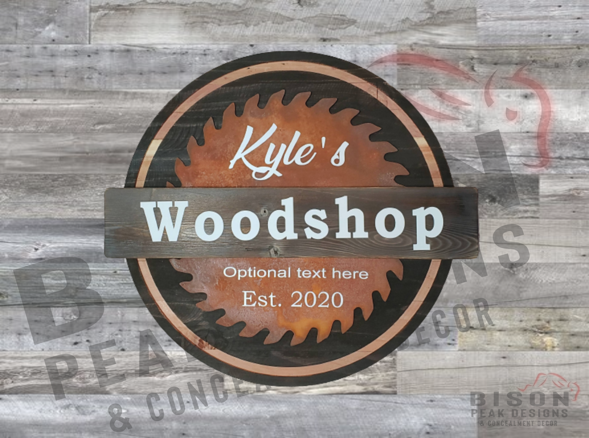 16in Round Wood Sign With Metal Sawblade. Rusted Steel Sawblade. Personalized Woodshop Sign.