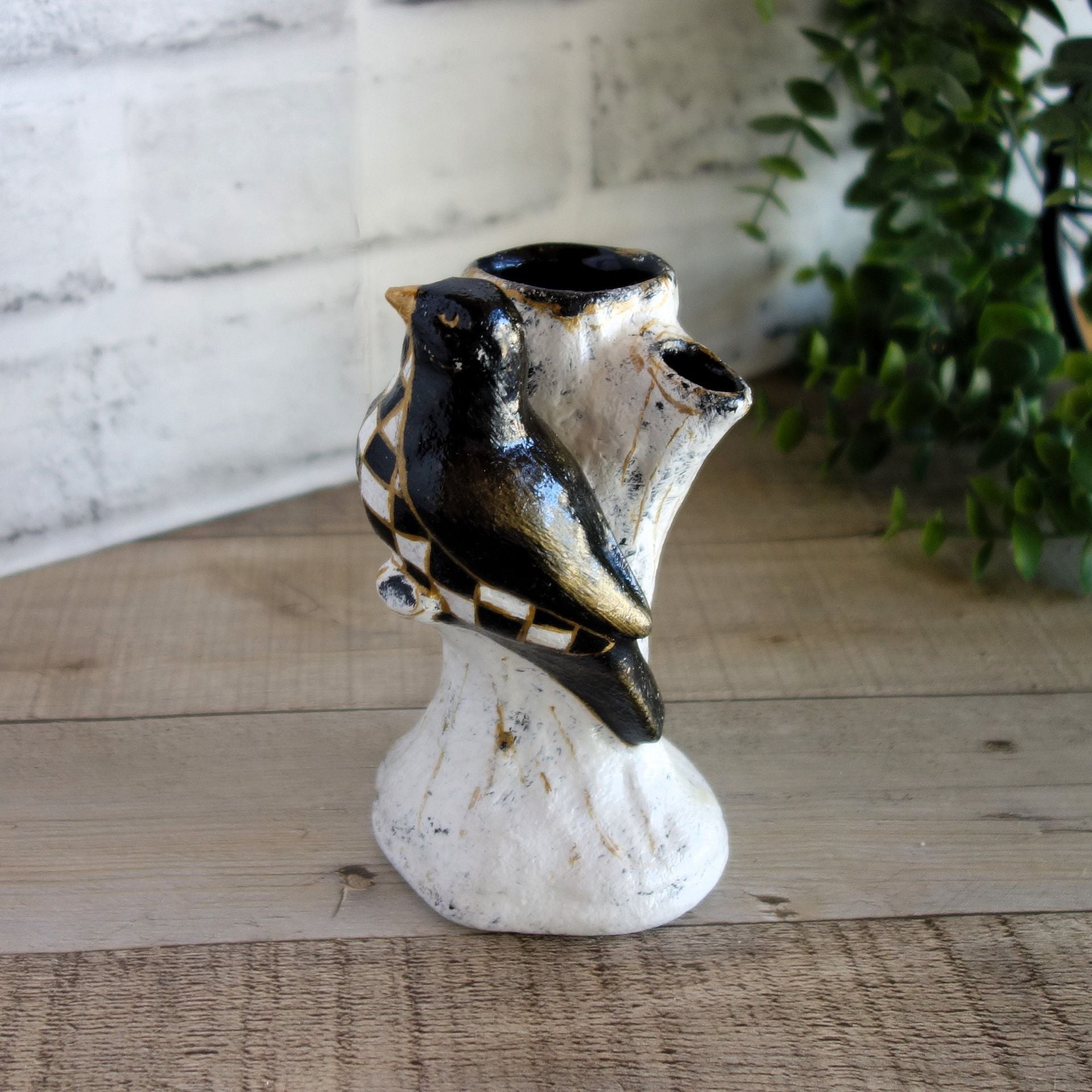 Black Checks Song Bird Figurine Bud Vase Black And White Decor Checked Vase 2 