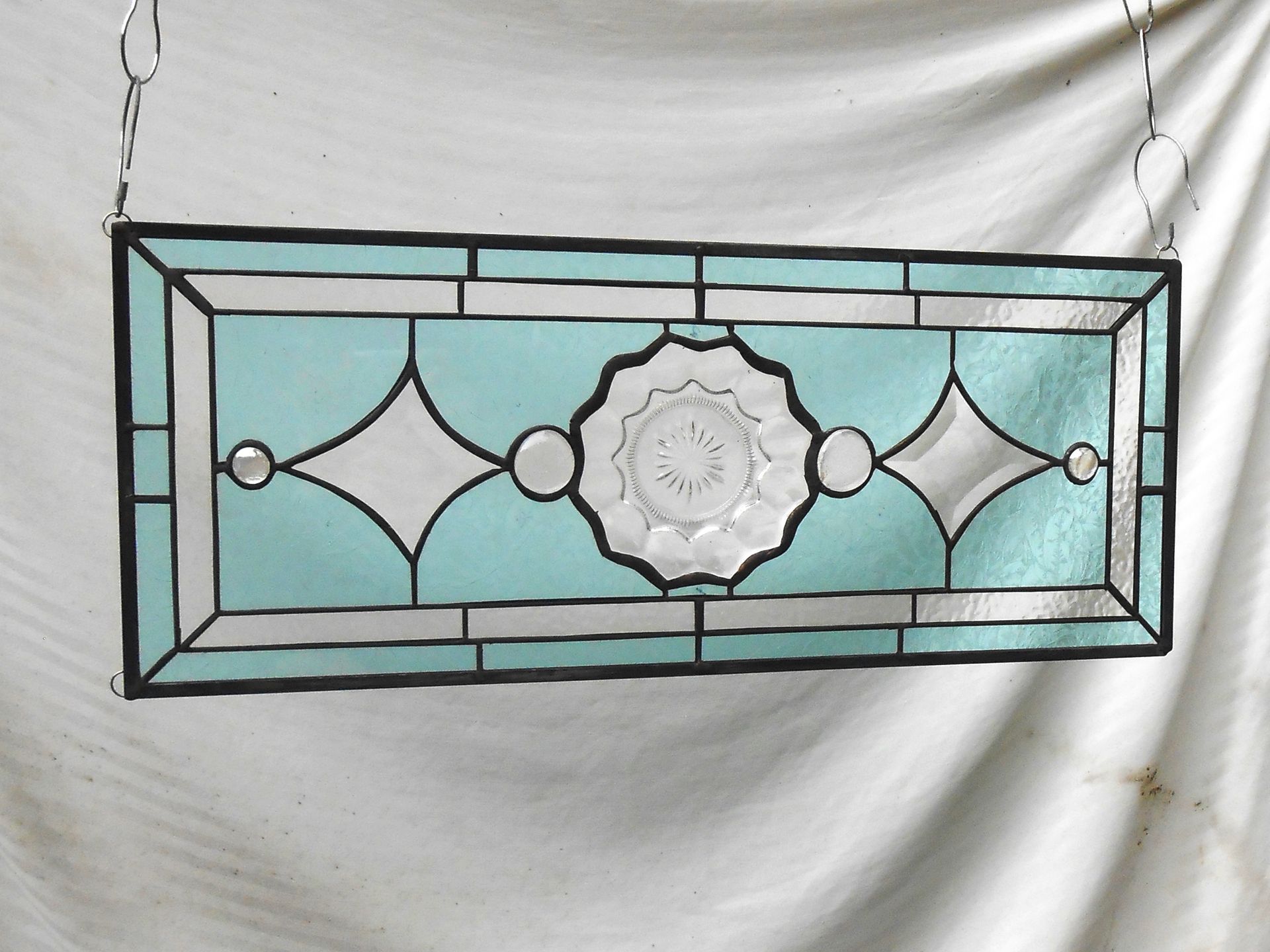 1930s Heisey Depression Glass Stained Glass Panel, Vintage Window Transom W Peerless Plate 5 