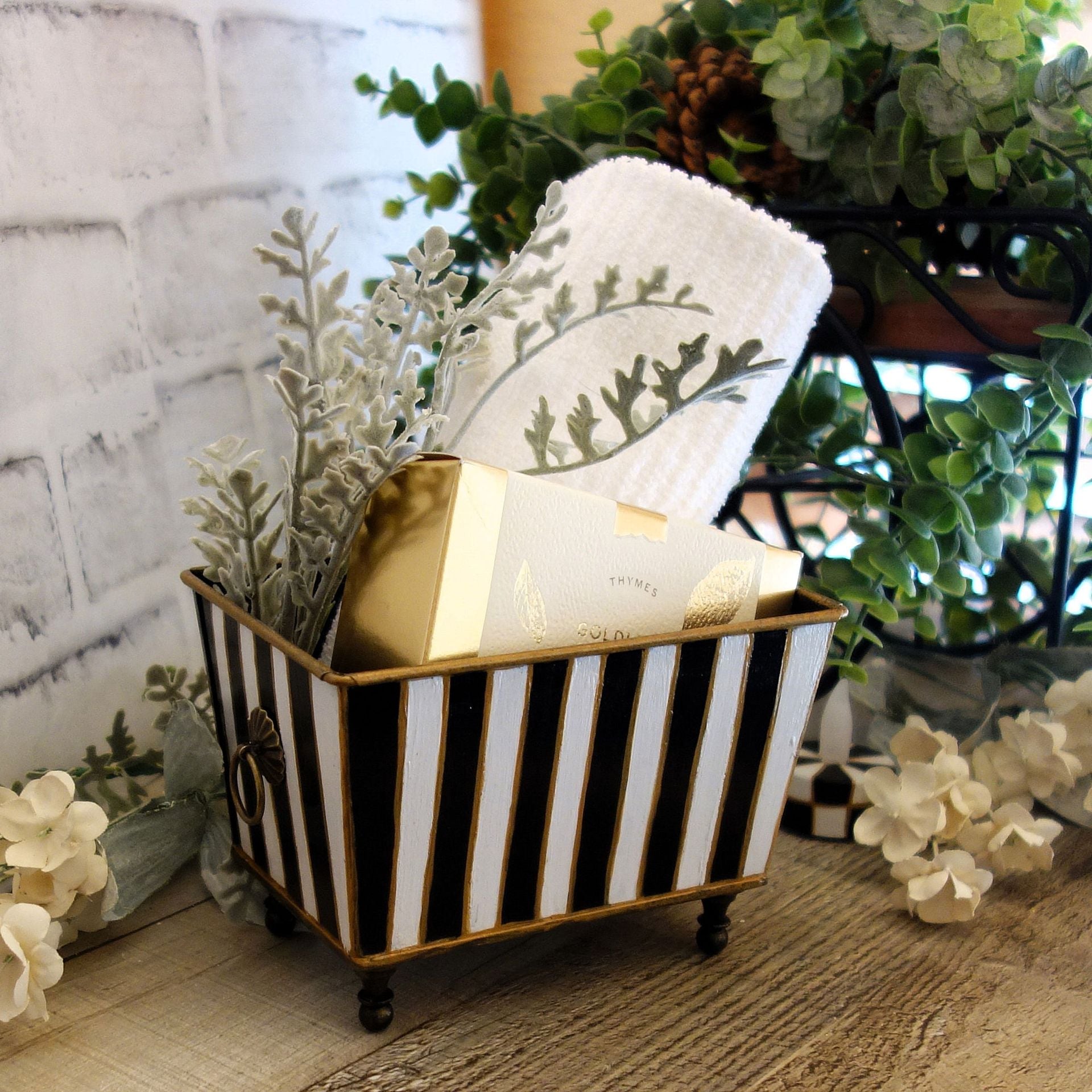 Black White Stripe Small Vanity Organizer Guest Towel Caddy Striped Storage Bin 6 