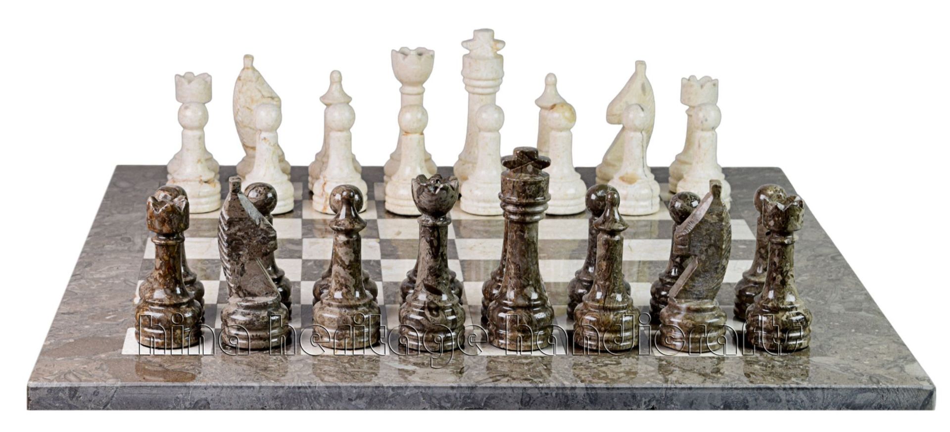 Botticino & Oceanic Marble Natural Stone Chess Set With Rustic Series Chess Pieces 3 