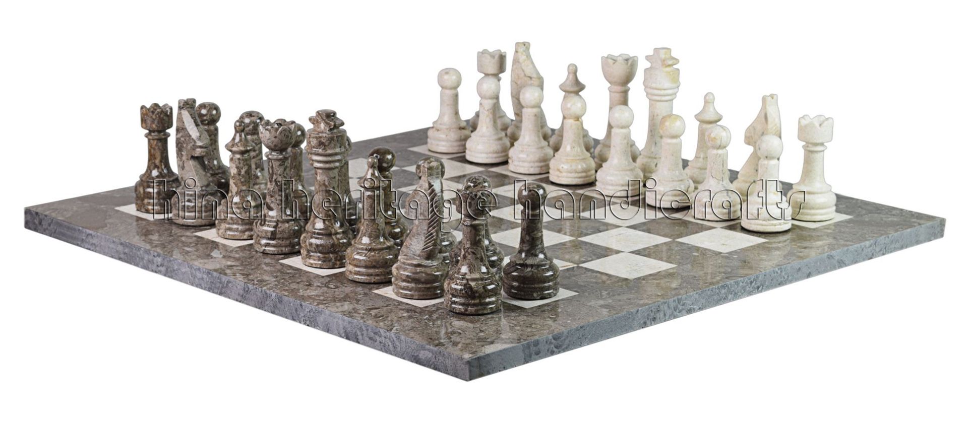 Botticino & Oceanic Marble Natural Stone Chess Set With Rustic Series Chess Pieces 4 