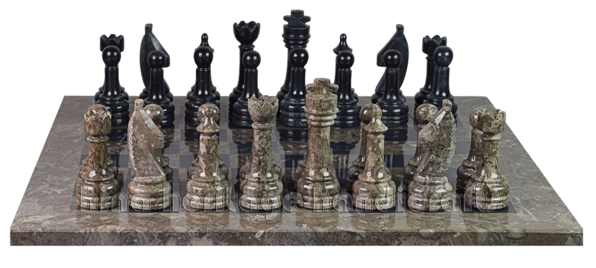 Oceanic & Jet Black Marble Natural Stone Chess Set With Rustic Series Chess Pieces 4