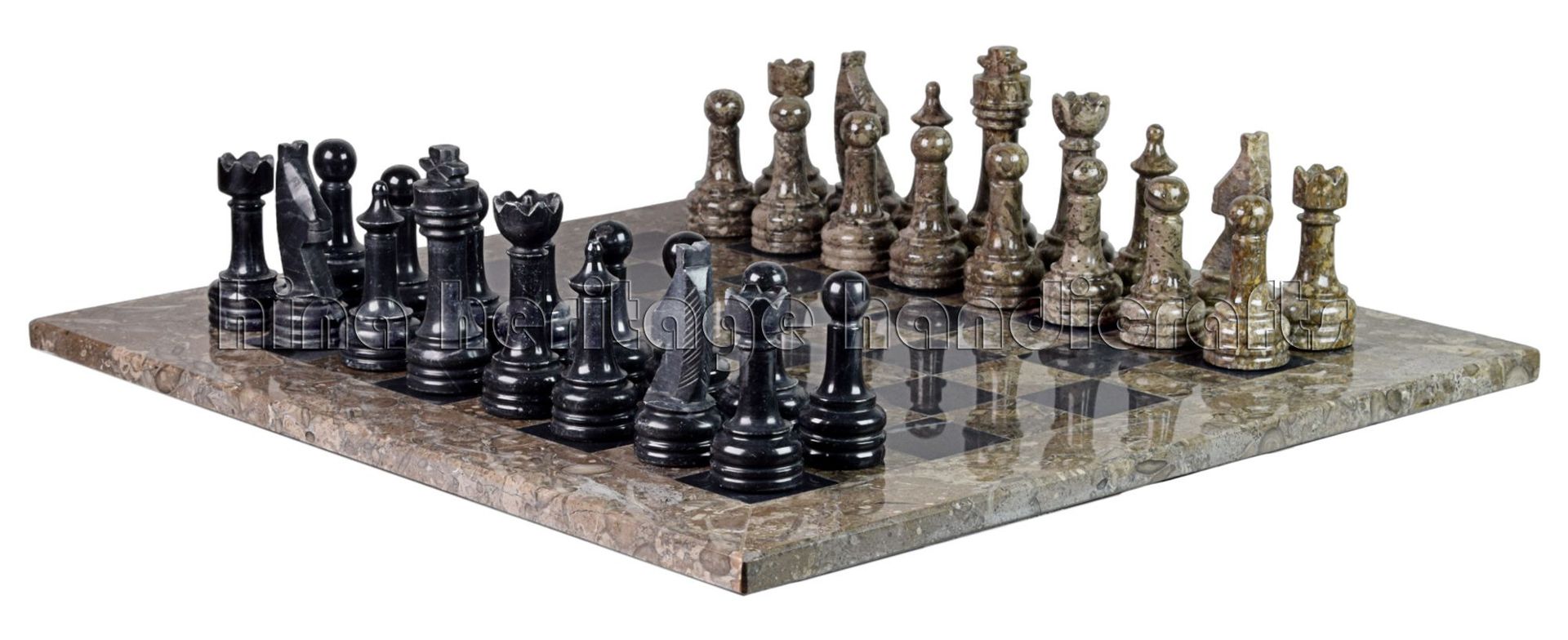 Oceanic & Jet Black Marble Natural Stone Chess Set With Rustic Series Chess Pieces 5