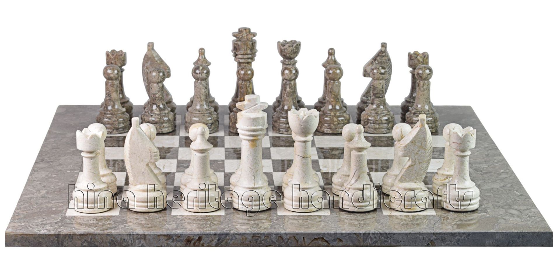 Botticino & Oceanic Marble Natural Stone Chess Set With Rustic Series Chess Pieces 5 
