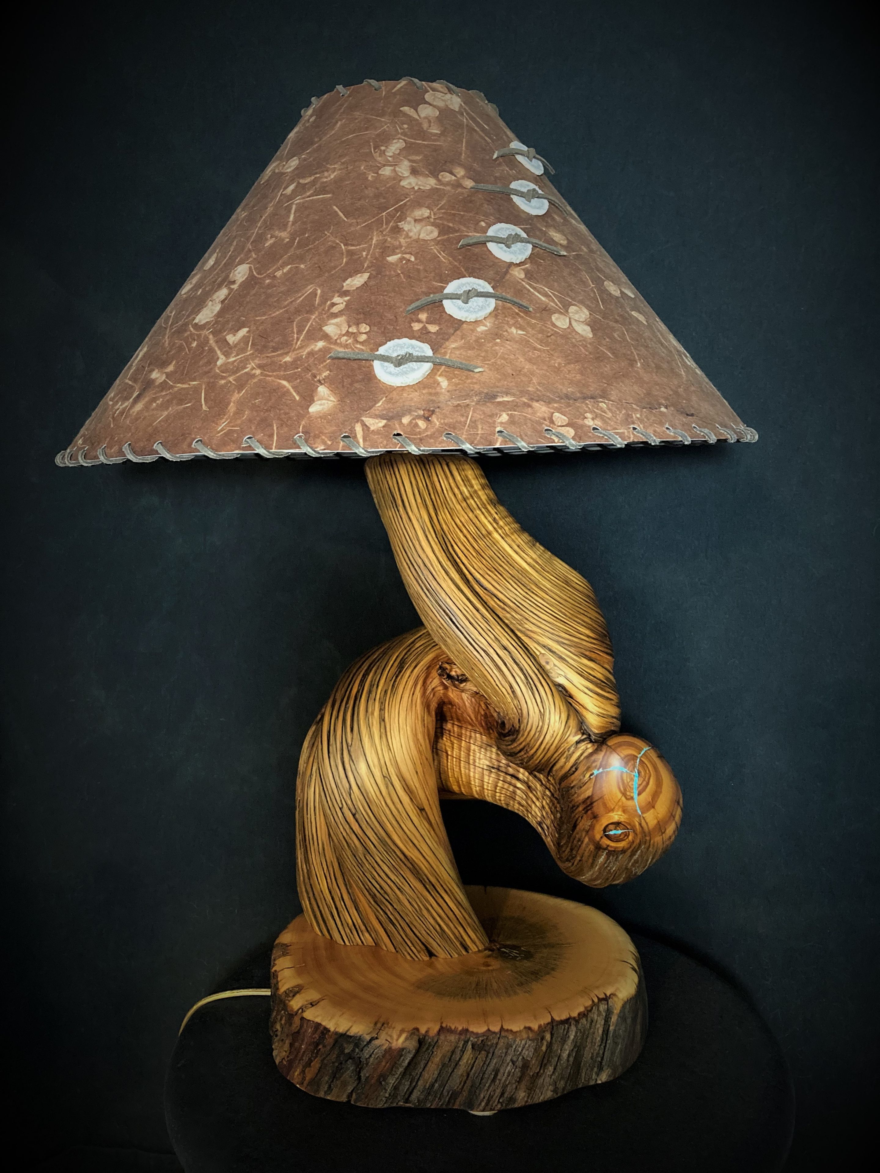Rustic Handmade Juniper Table Lamp With Turquoise Inlay