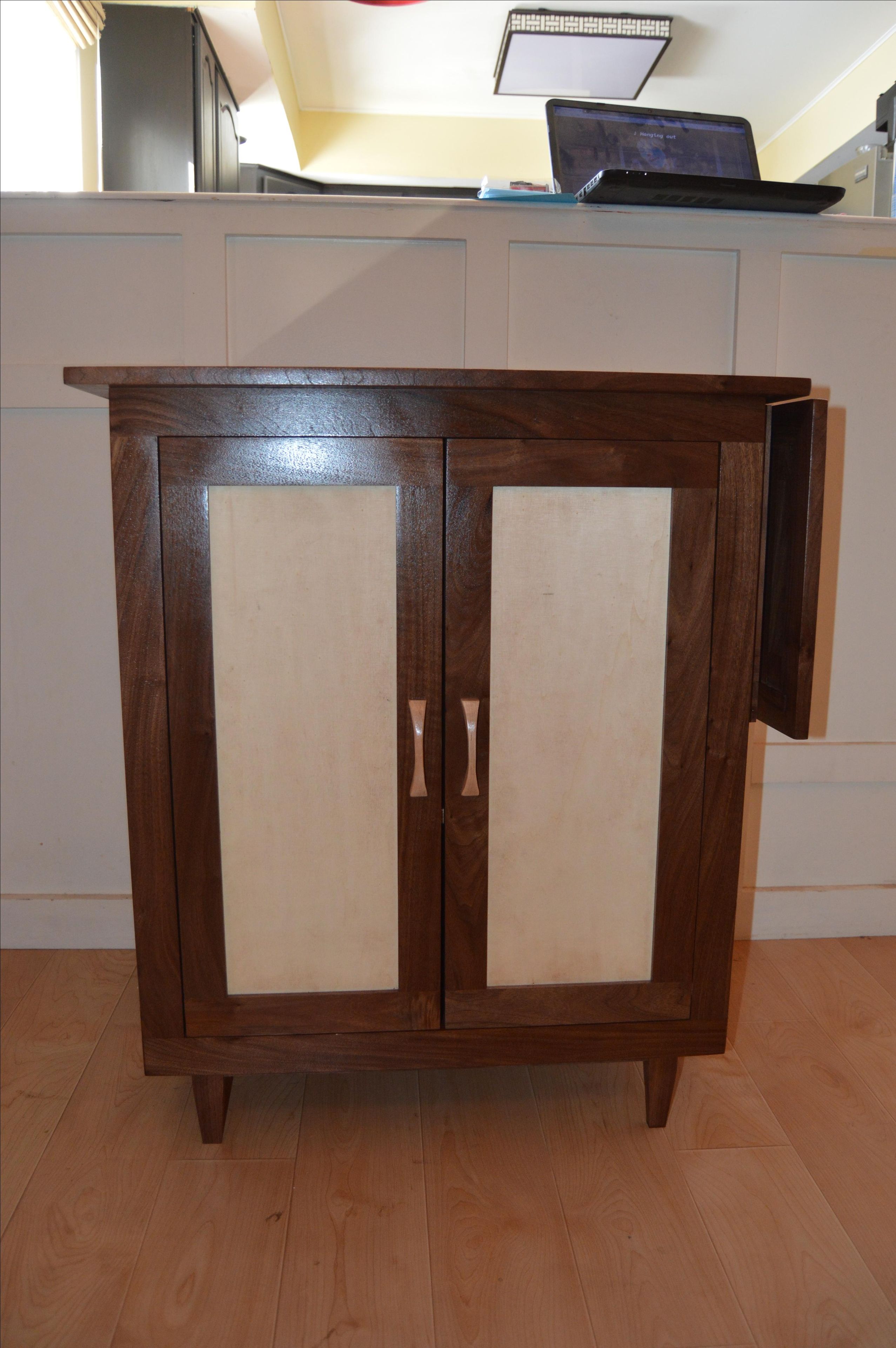 Walnut And Maple Bar With Drawer, Adjustable Shelves, And Fold Out Side Table 7 