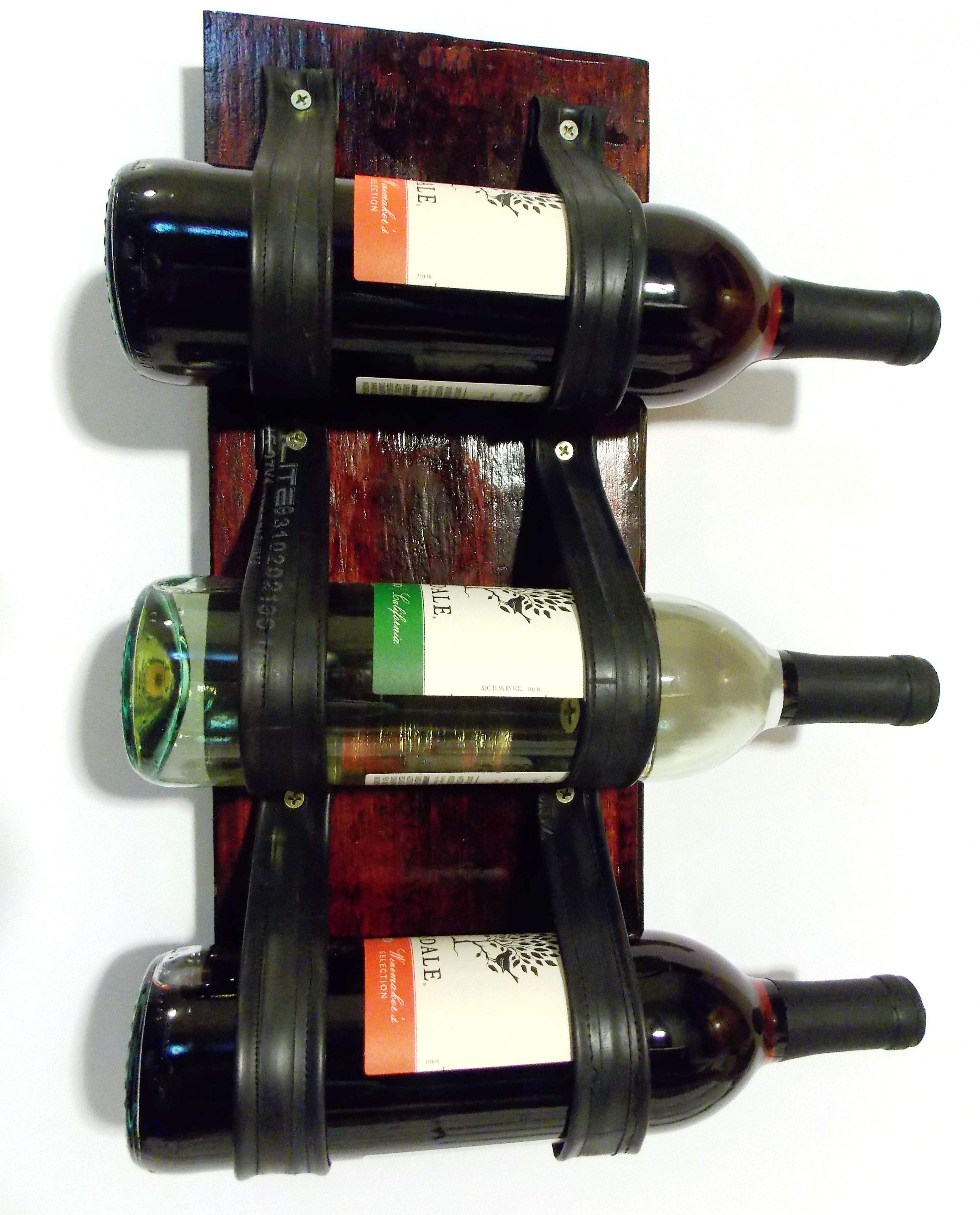 Wine Rack, Wall Mounted Upcycled. Made From  Recycled Reclaimed Wood, Bike Tire Tubes
