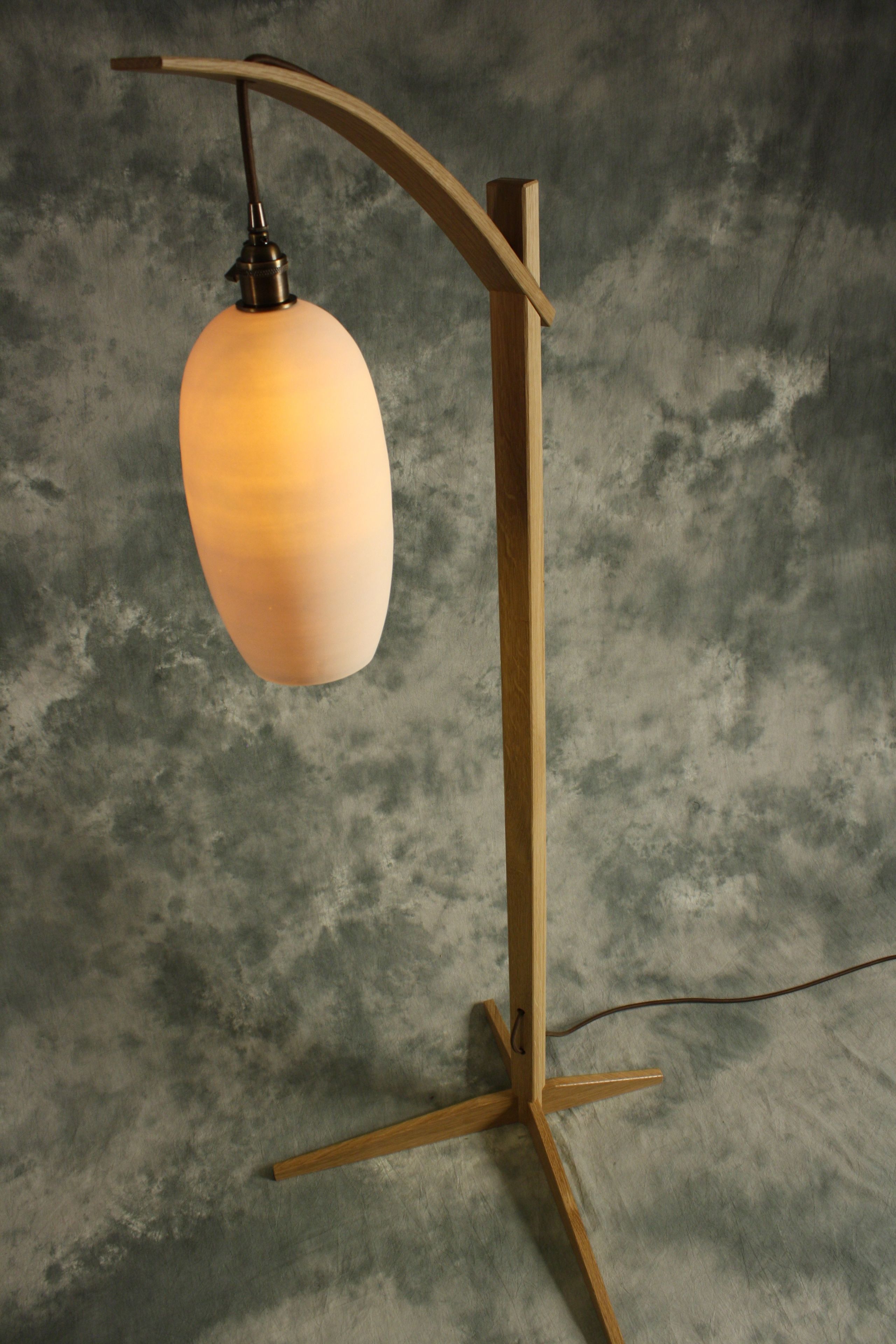 Egret Lamp: Oak With Curved Arm / Cotton Cord / East Fork Pottery Shade / Japanese Joinery Assembly 3 