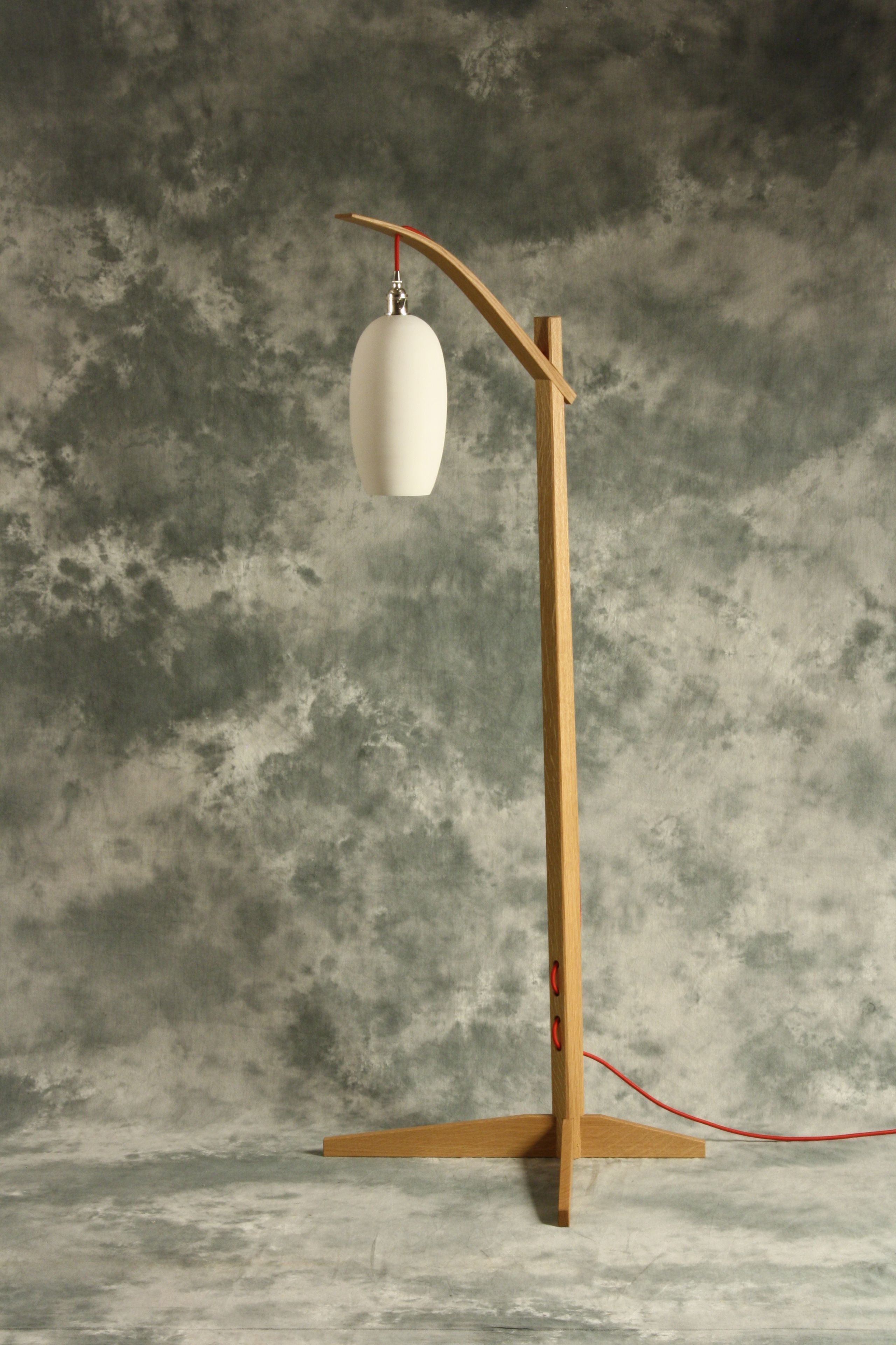 Egret Lamp: Oak With Curved Arm / Cotton Cord / East Fork Pottery Shade / Japanese Joinery Assembly