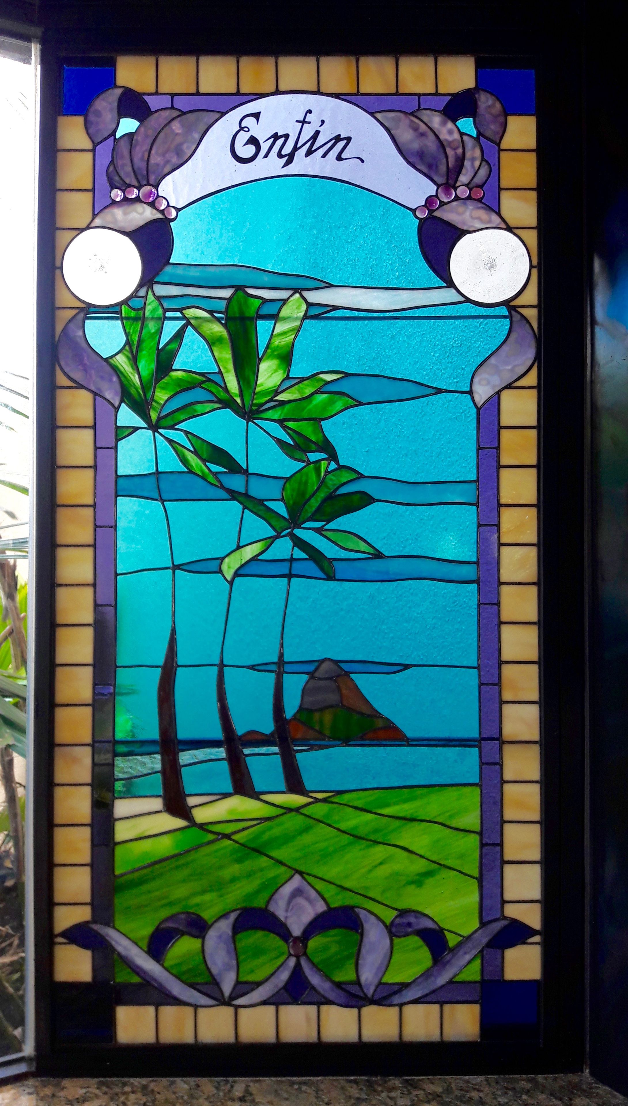 Tropical Victorian Stained Glass Bay Window with Hand Painted Inscription - Mokoli`I 2