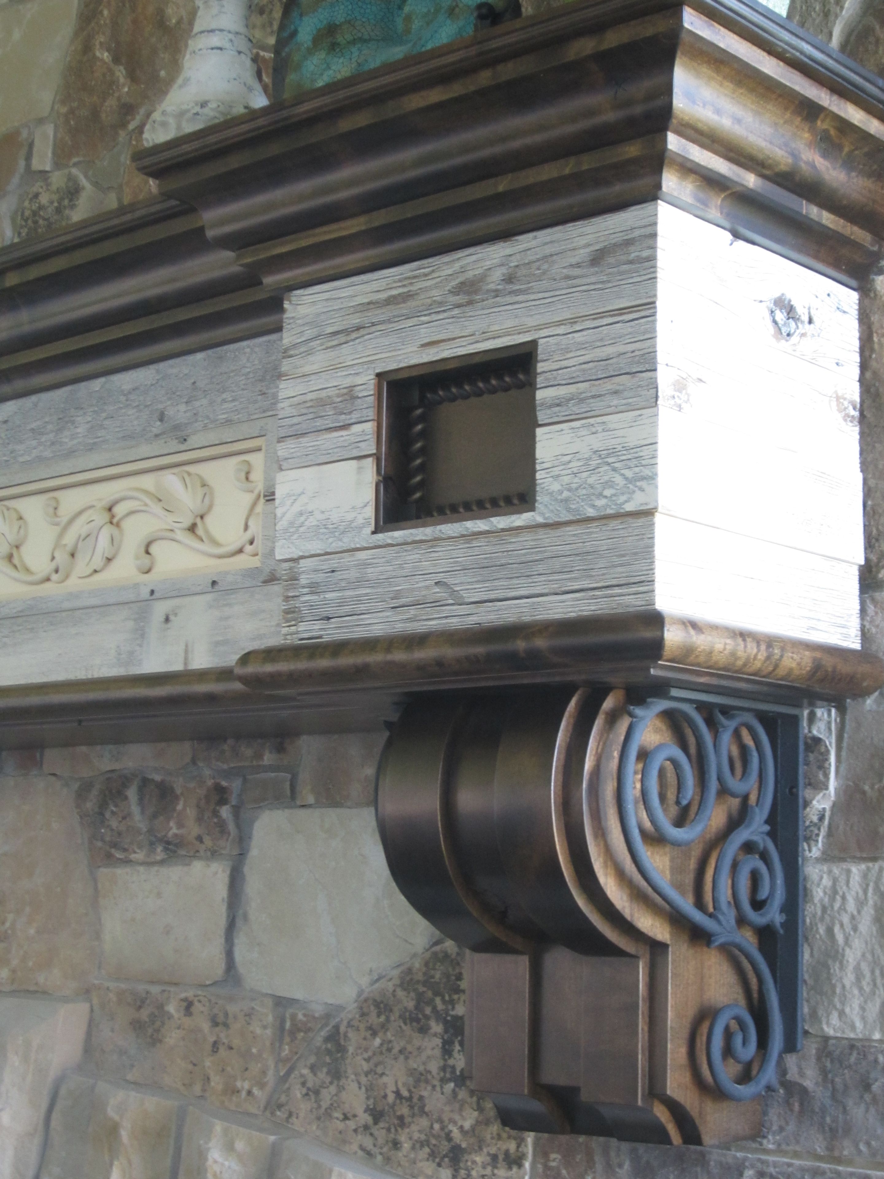Fireplace Mantel Knotty Alder With Wrought Iron Scrolling And Salvaged Barn Wood 2 