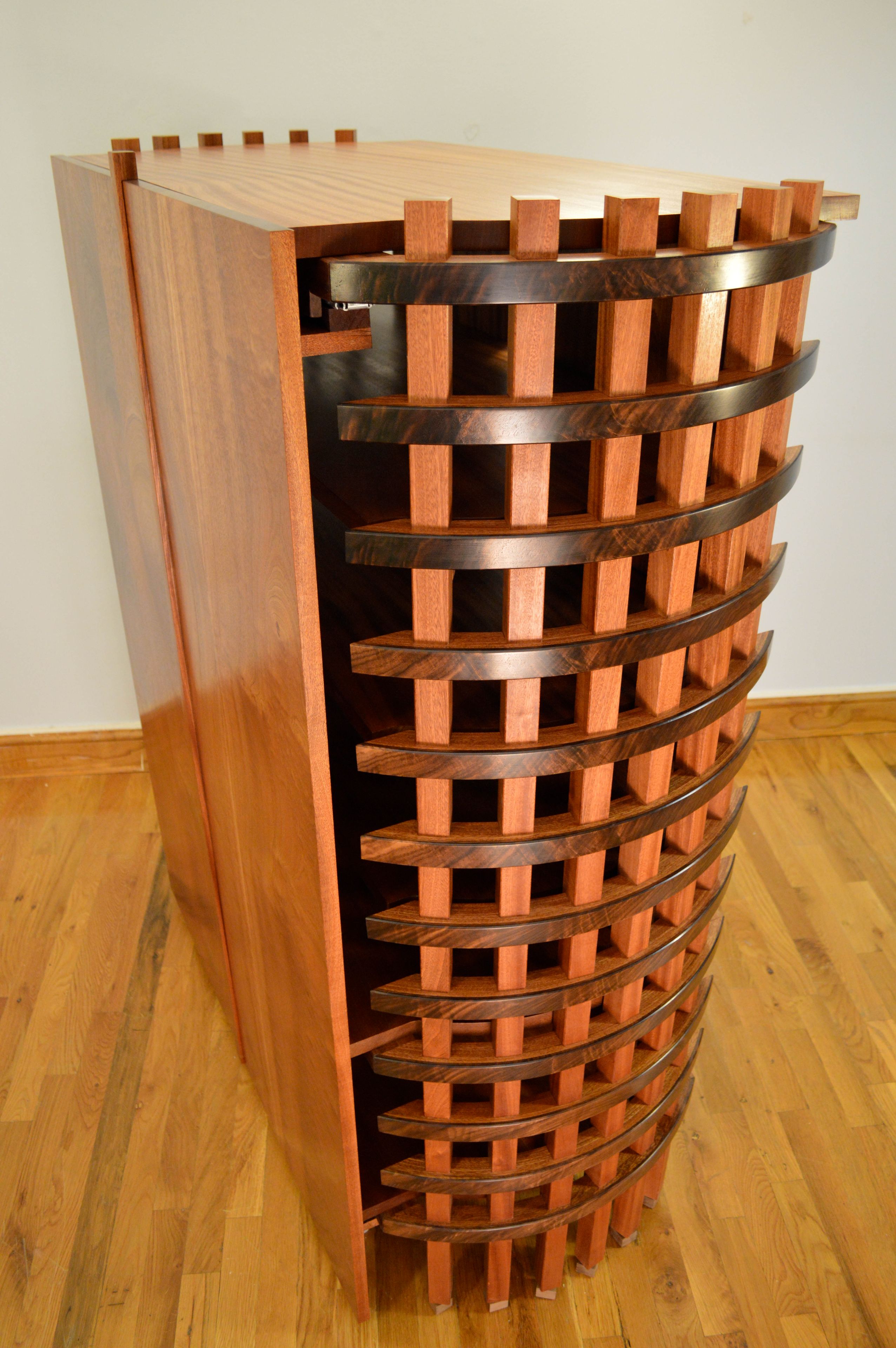 Stereo Cabinet Featuring Bent African Ribbon Sapele 5 